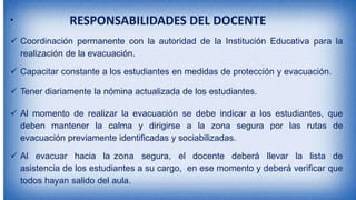 •
 Coordinación permanente con la autoridad de la Institución Educativa para la
realización de la evacuación.
 Capacitar constante a los estudiantes en medidas de protección y evacuación.
 Tener diariamente la nómina actualizada de los estudiantes.
 Al momento de realizar la evacuación se debe indicar a los estudiantes, que
deben mantener la calma y dirigirse a la zona segura por las rutas de
evacuación previamente identificadas y sociabilizadas.
 Al evacuar hacia la zona segura, el docente deberá llevar la lista de
asistencia de los estudiantes a su cargo, en ese momento y deberá verificar que
todos hayan salido del aula.
RESPONSABILIDADES DEL DOCENTE
 