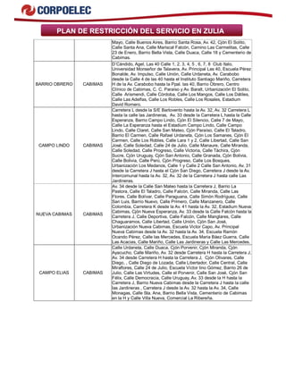 PLAN DE RESTRICCIÓN DEL SERVICIO EN ZULIA
Mayo, Calle Buenos Aires, Barrio Santa Rosa, Av. 42, Cjón El Solito,
Calle Santa Ana, Calle Mariscal Falcón, Camino Las Carmelitas, Calle
23 de Enero, Barrio Bella Vista, Calle Duaca, Calle 18 y Cementerio de
Cabimas.
BARRIO OBRERO CABIMAS
D’Cándido, Agel, Las 40 Calle 1, 2, 3, 4, 5 , 6, 7, 8 Club Italo,
Universidad Monseñor de Talavera, Av. Principal Las 40, Escuela Pérez
Bonalde, Av. Impulso, Calle Unión, Calle Urdaneta, Av. Carabobo
desde la Calle 4 de las 40 hasta el Instituto Santiago Mariño, Carretera
H de la Av. Carabobo hasta la Ppal. las 40, Barrio Obrero, Centro
Clínico de Cabimas, C. C. Paraíso y Av. Baralt, Urbanización El Solito,
Calle Arismendi, Calle Córdoba, Calle Los Mangos, Calle Los Dátiles,
Calle Las Adelfas, Calle Los Robles, Calle Los Rosales, Estadium
David Romero.
CAMPO LINDO CABIMAS
Carretera L desde la S/E Barlovento hasta la Av. 32, Av. 32 Carretera L
hasta la calle las Jardineras, Av. 33 desde la Carretera L hasta la Calle
Esperanza, Barrio Campo Lindo, Cjón El Silencio, Calle 7 de Mayo,
Calle La Esperanza hasta el Estadium Campo Lindo, Calle Campo
Lindo, Calle Claret, Calle San Mateo, Cjón Paraíso, Calle El Taladro,
Barrio El Carmen, Calle Rafael Urdaneta, Cjón Los Samanes, Cjón El
Carmen, Calle Los Robles, Calle Lara 1 y 2, Calle Libertad, Calle San
José, Calle Soledad, Calle 24 de Julio, Calle Manaure, Calle Miranda,
Calle Soledad, Calle Progreso, Calle Victoria, Calle Táchira, Cjón
Sucre, Cjón Uruguay, Cjón San Antonio, Calle Granada, Cjón Bolivia,
Calle Bolivia, Calle Perú, Cjón Progreso, Calle Los Bosques,
Urbanización Los Medanos, Calle 1 y Calle 2 Calle San Antonio, Av. 31
desde la Carretera J hasta el Cjón San Diego, Carretera J desde la Av.
Intercomunal hasta la Av. 32, Av. 32 de la Carretera J hasta calle Las
Jardineras.
NUEVA CABIMAS CABIMAS
Av. 34 desde la Calle San Mateo hasta la Carretera J, Barrio La
Pastora, Calle El Taladro, Calle Falcón, Calle Miranda, Calle Las
Flores, Calle Bolívar, Calle Paraguana, Calle Simón Rodríguez, Calle
San Luis, Barrio Nuevo, Calle Primero, Calle Manzanero, Calle
Colombia, Carretera K desde la Av. 41 hasta la Av. 32, Estadium Nueva
Cabimas, Cjón Nueva Esperanza, Av. 33 desde la Calle Falcón hasta la
Carretera J, Calle Deportiva, Calle Falcón, Calle Manglares, Calle
Chaguaramos, Calle Libertad, Calle Unión, Cjón San José,
Urbanización Nueva Cabimas, Escuela Victor Capo, Av. Principal
Nueva Cabimas desde la Av. 32 hasta la Av. 34, Escuela Ramón
Ocando Pérez, Calle las Mercedes, Escuela Maria Báez Guerra, Calle
Las Acacias, Calle Mariño, Calle Las Jardineras y Calle Las Mercedes.
CAMPO ELIAS CABIMAS
Calle Urdaneta, Calle Duaca, Cjón Porvenir, Cjón Miranda, Cjón
Ayacucho, Calle Mariño, Av. 32 desde Carretera H hasta la Carretera J,
Av. 34 desde Carretera H hasta la Carretera J, Cjón Olivares, Calle
Diego, , Calle Diego de Lozada, Calle Libertador, Calle Central, Calle
Miraflores, Calle 24 de Julio, Escuela Víctor lino Gómez, Barrio 26 de
Julio, Calle Las Virtudes, Calle el Porvenir, Calle San José, Cjón San
Félix, Calle Democracia, Calle Uruguay, Av. 33 desde la H hasta la
Carretera J, Barrio Nueva Cabimas desde la Carretera J hasta la calle
las Jardineras , Carretera J desde la Av. 32 hasta la Av. 34, Calle
Monagas, Calle Sta. Ana, Barrio Bella Vista, Cementerio de Cabimas
en la H y Calle Villa Nueva, Comercial La Ribereña.
 