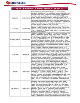 PLAN DE RESTRICCIÓN DEL SERVICIO EN ZULIA
DUCOLSA LAGUNILLAS
Principal Barrio de Obrero, Barrio Boyaca, Av. 41 desde Calle
Candelaria Hasta Carretera “L”, Calle Santa Lucia, Av. Libertador, Calle
Carabobo, Calle Bolívar, Calle Sucre, Calle Urdaneta, Calle Miranda,
Calle Tubería desde Callejón San Juan Hasta HIDROLAGO, Adelis
Molina, Barrio el Milagro, Carretera “L” desde Av. 41 hasta Calle los
Proceres, Calle Libertadores de America hasta Calle Antonio José de
Sucre, Calle Simón Bolívar, Calle Simón Rodríguez, Calle Colombia,
Callejón Udon Perez, Calle Lara, Calle La Paz, Barrio La Victoria, Calle
Negro Primero, Esc. Nac. Venezuela, Sector Guacaipuro I y II,
Ducolsa, Sector la Victoria, Esc. Nac. La Victoria.
LA GRANJA LAGUNILLAS
Carretera “K” desde la Intercomunal hasta la Av. 34, Av. 2J, Arterial
desde la “K” hasta Antes del Centro Clínico Los Andes, , Sector 19 de
Abril, Sector las Vegas II y III, Calle Isabel Braun, Calle Bermúdez entre
“K” y “L”, Callejón la Fe, Callejón Olvido, Arturo U Pietri, Barrio Nuevo
Porvenir, Sector El Rodeo.
SEGURO SOCIAL LAGUNILLAS
: Carretera N desde la Av. 61 hasta Av. Principal 19 de Abril, Calle Felix
Medina, Calle Ramón Jimenez, Barrio 12 de Octubre, Colinas del
Danto, Calle Principal, Calle 14 de Mayo, Barrio Churuguara, Sector (A,
B, C y D), Sector Octaviano Yépez, Av. 84 desde Carretera “N” hasta
Calle Vargas, SIDMARA, Bloquera Ojeda, Liceo Raul Cuenca, Calle
Numero 1, Av. 34 desde Carretera “N” hasta Calle numero 1, Calle
Miranda, Av. 42 desde Carretera “N” hasta Calle Miranda, Av. 43 desde
Carretera “N” Hasta Calle vargas, Callejón San Luis, Callejón falcon,
Callejón 4, Barrio Falcon, Esc. Maestro Adalberto Gutierez, Calle Las
Marias, Calle Principal.
ESTACADA MIRANDA
Av.5, G. Escolar A. Fuenmayor, Avenida Urdaneta entre Av. 3 y 5,
Avenida los Oliveros entre Av. 3 y 5, Avenida Andrade entre, Av. 2 y 6,
Avenida Ayacucho entre Av. 2 y 5, Comando Disip, Av. Caldera, Calle 5,
Calle Batista, Calle Farias, Calle T. Febres Cordero, Av. Valmore
Rodríguez desde la Av. 6 hasta el Hospital Hugo Parra León, Complejo
Turístico la Estacada, Av. Libertad, Los Hornitos, Playa los Compadres,
Sector Haticos del Sur, Av. 2, Campo Bíblico Marahnaca, Playa Dayco,
Playa San Benito, Playa El Caimán, Playa Lourdes, Playa Flia.
Bohórquez, Playa Flia. Bohórquez, Playa Lovera y Seijas, Coopesal,
Balneario Kalvary, Antena Mega 99, Sector Punta de Piedra, Esc.
Basica Armando Cepeda, Sector La Montañita, Playa el Bachaco.
BAROID SANTA RITA
Calle 12 de febrero, Cuerpo de bomberos, Estadio Ángel Bravo, C. La
planta, C. Carabobo, Club de Telle Nava, club los Leones, C. el
Lucero, Callejón San Benito, C. Viviendas Venezolanas, Av. P. L.
Urribarri desde la entrada a Etoxil hasta entrada La Cañaita,
Hidrólago Planta de tratamiento aguas negras, C. Las 7 que brillan.
Silva, Oficina Corpoelec, Alcaldía, Plaza Bolívar, C. Cruz, C. El
cementerio, C. La granja, C. Buenos Aires, C. Libertad, C. Camino
nuevo desde Av. Bicentenario hasta frente a la S/E Andes vieja ,
Barrio La Explosión, Urb. La Cañaita, Calle los Malavares, Calle Padre
Landaeta, Resid. Santa Rita, Unidad Educ. Vicente Sojo, C. San
Benito, C. El Estadio, Estadio Morfina Ritera, Urb. Don Antonio, C. La
Vega, C. El Cujì, C. San Ignacio, Calle el Estadio, Urbanizacion Don
Antonio.
PALMAREJO SANTA RITA
Av. Pedro Lucas Urribarri desde la calle Urdaneta hasta Calle el
Estadio, Escuela Ana Isabel Márquez, Plaza, C. Urdaneta; Esc. Pta
Iguana, Urb. Rafael Urdaneta, Peaje del Puente, S/E Punta Iguana
230kva, Sector punta Iguana Norte, C. Fibca, C. Cristo, C. Celestino
Cepeda, Esq., Av. A.P. Urribarri con calle 8 hasta El Hipódromo, C.
Megasa, C. Pascual Báez, C. Los Puertos, Sector Palmarejo,
Dispensario Palmarejo, C. Las Tapias, C. El Telégrafo, C. Valmore
Rodríguez, Estadio Negro Báez, C. El sombrero, C. Alguimiro
Gonzáles, C. El estadio, El preescolar, C. Principal, C. El hipódromo,
C. club, club Palmarejo, C. Principal el rocío, C. Trinidad, C. Capacho,
CANTV, Calle Algimiro González Playa Morenita, Playa el Rocío, Playa
 