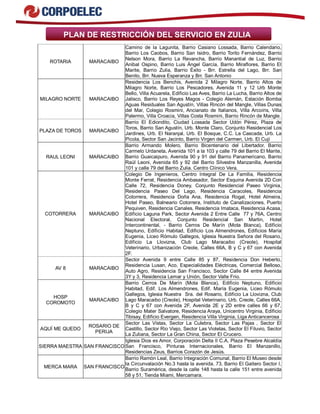 PLAN DE RESTRICCIÓN DEL SERVICIO EN ZULIA
ROTARIA MARACAIBO
Camino de la Lagunita, Barrio Casiano Lossada, Barrio Calendario,
Barrio Los Caobos, Barrio San Isidro, Barrio Torito Fernández, Barrio
Nelson Mora, Barrio La Revancha, Barrio Manantial de Luz, Barrio
Anibal Ospino, Barrio Luis Ángel García, Barrio Miraflores, Barrio El
Marite, Barrio Zulia, Barrio Éxito - Brr. Estrella del Lago, Brr. San
Benito, Brr. Nueva Esperanza y Brr. San Antonio
MILAGRO NORTE MARACAIBO
Residencia Los Benchis, Avenida 2 Milagro Norte, Barrio Altos de
Milagro Norte, Barrio Los Pescadores, Avenida 11 y 12 Urb Monte
Bello, Villa Acuarela, Edificio Las Aves, Barrio La Lucha, Barrio Altos de
Jalisco, Barrio Los Reyes Magos - Colegio Alemán, Estación Bomba
Aguas Residuales San Agustín, Villas Rincón del Mangle, Villas Dunas
del Mar, Colegio Rosmini, Ancianato de Italianos, Villa Arcoíris, Villa
Palermo, Villa Croacia, Villas Costa Rosmini, Barrio Rincón de Mangle.
PLAZA DE TOROS MARACAIBO
Barrio El Ediondito, Ciudad Lossada Sector Udón Pérez, Plaza de
Toros, Barrio San Agustín, Urb. Monte Claro, Conjunto Residencial Los
Jardines, Urb. El Naranjal, Urb. El Bosque, C.C. La Cascada, Urb. La
Picola, Sector San Jacinto, Barrio Virgen del Carmen, Urb. El Cují
RAUL LEONI MARACAIBO
Barrio Armando Molero, Barrio Bicentenario del Libertador, Barrio
Carmelo Urdaneta, Avenida 101 a la 103 y calle 79 del Barrio El Marite,
Barrio Guaicaipuro, Avenida 90 y 91 del Barrio Panamericano, Barrio
Raúl Leoni, Avenida 65 y 92 del Barrio Silvestre Manzanilla, Avenida
101 y calle 79 del Barrio Zulia. Centro Clínico Vera.
COTORRERA MARACAIBO
Colegio De Ingenieros, Centro Integral De La Familia, Residencia
Monte Ferrat, Residencia Ambasador, Sector Esquina Avenida 2D Con
Calle 72, Residencia Doney, Conjunto Residencial Paseo Virginia,
Residencia Paseo Del Lago, Residencia Caracoles, Residencia
Cotorrera, Residencia Doña Ana, Residencia Rogal, Hotel Almeira,
Hotel Paseo, Balneario Cotorrera, Instituto de Canalizaciones, Puerto
Pequiven, Residencia Canales, Residencia Imataca, Residencia Acasa,
Edificio Laguna Park, Sector Avenida 2 Entre Calle 77 y 76A, Centro
Nacional Electoral, Conjunto Residencial San Martin, Hotel
Intercontinental, - Barrio Cerros De Marín (Mota Blanca), Edificio
Neptuno, Edificio Habitad, Edificio Los Almendrones, Edificios María
Eugenia, Liceo Rómulo Gallegos, Iglesia Nuestra Señora del Rosario,
Edificio La Llovizna, Club Lago Maracaibo (Creole), Hospital
Veterinario, Urbanización Creole, Calles 66A, B y C y 67 con Avenida
2F.
AV 8 MARACAIBO
Sector Avenida 9 entre Calle 85 y 87, Residencia Don Heberto,
Residencia Lusan, Aco, Especialidades Eléctricas, Comercial Belloso,
Auto Agro, Residencia San Francisco, Sector Calle 84 entre Avenida
3Y y 3, Residencia Lemar y Unión, Sector Valle Frio.
HOSP
COROMOTO
MARACAIBO
Barrio Cerros De Marín (Mota Blanca), Edificio Neptuno, Edificio
Habitad, Edif. Los Almendrones, Edif. María Eugenia, Liceo Rómulo
Gallegos, Iglesia Nuestra Sra. del Rosario, Edificio La Llovizna, Club
Lago Maracaibo (Creole), Hospital Veterinario, Urb. Creole, Calles 66A,
B y C y 67 con Avenida 2F, Avenida 2E y 2D entre calles 66 y 67,
Colegio Mater Salvatore, Residencia Araya, Unicentro Virginia, Edificio
Tibisay, Edificio Evergen, Residencia Villa Virginia, Liga Anticancerosa
AQUÍ ME QUEDO
ROSARIO DE
PERIJA
Sector Las Vistas, Sector La Culebra, Sector Las Pajas , Sector El
Castillo, Sector Rio Viejo, Sector Las Violetas, Sector El Filuvio, Sector
La Zuliana, Sector La Gran China, Sector El Crucero.
SIERRA MAESTRA SAN FRANCISCO
Iglesia Dios es Amor, Corporación Delta II C.A, Plaza Pesebre Alcaldía
San Francisco, Pinturas Internacionales, Barrio El Manzanillo,
Residencias Zeus, Barrios Corazón de Jesús.
MERCA MARA SAN FRANCISCO
Barrio Ramón Leal, Barrio Integración Comunal, Barrio El Museo desde
la Circunvalación No.3 hasta la avenida. 73, Barrio El Gaitero Sector I,
Barrio Suramérica, desde la calle 148 hasta la calle 151 entre avenida
58 y 51, Tienda Miami, Mercamara.
 