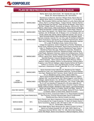 PLAN DE RESTRICCIÓN DEL SERVICIO EN ZULIA 
Marite, Barrio Zulia, Barrio Éxito - Brr. Estrella del Lago, Brr. San 
Benito, Brr. Nueva Esperanza y Brr. San Antonio 
MILAGRO NORTE MARACAIBO 
Residencia Los Benchis, Avenida 2 Milagro Norte, Barrio Altos de 
Milagro Norte, Barrio Los Pescadores, Avenida 11 y 12 Urb Monte 
Bello, Villa Acuarela, Edificio Las Aves, Barrio La Lucha, Barrio Altos de 
Jalisco, Barrio Los Reyes Magos - Colegio Alemán, Estación Bomba 
Aguas Residuales San Agustín, Villas Rincón del Mangle, Villas Dunas 
del Mar, Colegio Rosmini, Ancianato de Italianos, Villa Arcoíris, Villa 
Palermo, Villa Croacia, Villas Costa Rosmini, Barrio Rincón de Mangle. 
PLAZA DE TOROS MARACAIBO 
Barrio El Ediondito, Ciudad Lossada Sector Udón Pérez, Plaza de 
Toros, Barrio San Agustín, Urb. Monte Claro, Conjunto Residencial Los 
Jardines, Urb. El Naranjal, Urb. El Bosque, C.C. La Cascada, Urb. La 
Picola, Sector San Jacinto, Barrio Virgen del Carmen, Urb. El Cují 
RAUL LEONI MARACAIBO 
Barrio Armando Molero, Barrio Bicentenario del Libertador, Barrio 
Carmelo Urdaneta, Avenida 101 a la 103 y calle 79 del Barrio El Marite, 
Barrio Guaicaipuro, Avenida 90 y 91 del Barrio Panamericano, Barrio 
Raúl Leoni, Avenida 65 y 92 del Barrio Silvestre Manzanilla, Avenida 
101 y calle 79 del Barrio Zulia. Centro Clínico Vera. 
COTORRERA MARACAIBO 
Colegio De Ingenieros, Centro Integral De La Familia, Residencia 
Monte Ferrat, Residencia Ambasador, Sector Esquina Avenida 2D Con 
Calle 72, Residencia Doney, Conjunto Residencial Paseo Virginia, 
Residencia Paseo Del Lago, Residencia Caracoles, Residencia 
Cotorrera, Residencia Doña Ana, Residencia Rogal, Hotel Almeira, 
Hotel Paseo, Balneario Cotorrera, Instituto de Canalizaciones, Puerto 
Pequiven, Residencia Canales, Residencia Imataca, Residencia Acasa, 
Edificio Laguna Park, Sector Avenida 2 Entre Calle 77 y 76A, Centro 
Nacional Electoral, Conjunto Residencial San Martin, Hotel 
Intercontinental, - Barrio Cerros De Marín (Mota Blanca), Edificio 
Neptuno, Edificio Habitad, Edificio Los Almendrones, Edificios María 
Eugenia, Liceo Rómulo Gallegos, Iglesia Nuestra Señora del Rosario, 
Edificio La Llovizna, Club Lago Maracaibo (Creole), Hospital 
Veterinario, Urbanización Creole, Calles 66A, B y C y 67 con Avenida 
2F. 
AV 8 MARACAIBO 
Sector Avenida 9 entre Calle 85 y 87, Residencia Don Heberto, 
Residencia Lusan, Aco, Especialidades Eléctricas, Comercial Belloso, 
Auto Agro, Residencia San Francisco, Sector Calle 84 entre Avenida 
3Y y 3, Residencia Lemar y Unión, Sector Valle Frio. 
HOSP 
COROMOTO MARACAIBO 
Barrio Cerros De Marín (Mota Blanca), Edificio Neptuno, Edificio 
Habitad, Edif. Los Almendrones, Edif. María Eugenia, Liceo Rómulo 
Gallegos, Iglesia Nuestra Sra. del Rosario, Edificio La Llovizna, Club 
Lago Maracaibo (Creole), Hospital Veterinario, Urb. Creole, Calles 66A, 
B y C y 67 con Avenida 2F, Avenida 2E y 2D entre calles 66 y 67, 
Colegio Mater Salvatore, Residencia Araya, Unicentro Virginia, Edificio 
Tibisay, Edificio Evergen, Residencia Villa Virginia, Liga Anticancerosa 
AQUÍ ME QUEDO ROSARIO DE 
PERIJA 
Sector Las Vistas, Sector La Culebra, Sector Las Pajas , Sector El 
Castillo, Sector Rio Viejo, Sector Las Violetas, Sector El Filuvio, Sector 
La Zuliana, Sector La Gran China, Sector El Crucero. 
SIERRA MAESTRA SAN FRANCISCO 
Iglesia Dios es Amor, Corporación Delta II C.A, Plaza Pesebre Alcaldía 
San Francisco, Pinturas Internacionales, Barrio El Manzanillo, 
Residencias Zeus, Barrios Corazón de Jesús. 
MARCA MARA SFC 
Barrio Ramón Leal, Barrio Integración Comunal, Barrio El Museo desde 
la Circunvalación No.3 hasta la avenida. 73, Barrio El Gaitero Sector I, 
Barrio Suramérica, desde la calle 148 hasta la calle 151 entre avenida 
58 y 51, Tienda Miami, Mercamara. 
RICHMOND SFC 
Barrio Bello Monte, Barrio Brisas Del Sur, Barrio Cumbre Los Pinos, 
Barrio La Frontera (Avenida 35 y 44, Calle 126C), Barrio Los 
Estanques (Avenida 49A 52, Calle 115, 126), Barrio San Sebastián, 
Sector Alto Alegre, Sector Circunvalación 2 (Manuel Dagnino), Sector 
 