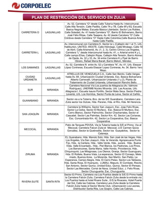 PLAN DE RESTRICCIÓN DEL SERVICIO EN ZULIA 
CARRETERA O LAGUNILLAS 
Av. 52, Carretera “O” desde Calle Tubería Hasta Av. Intercomunal, 
Calle Alta Tensión, Calle Padilla, Calle 7A y 7B, Calle 6Fy 6G, Escuela 
Basica Negra Matea, Escuela Básica Libertador, Sector Los Robles, 
Calle Soledad, Av. 41 hasta Carretera “O”, Barrio El Bolivariano, Barrio 
José Félix Ribas, Calle Tasajera, Av. 42 desde Carretera “O”,Calle 
Córdova desde Carretera “O” Hasta Calle Colombia,Calle Buenos Aires 
hasta Calle Padilla. 
CARRETERA L LAGUNILLAS 
Av. Intercomunal con Carretera K, Sector la L (Callejón del 1 al 7), Urb. 
Halliburton, UNITED, WESTE, Calle Hidrolago, Calle Miralago, Calle 19 
de Abril, Calle Arismendi, Av. (1, 2, 3), Centro Clínico Los Ángeles, 
Carretera “L” desde Intercomunal hasta Av. 41, v. Arterial entre K y L, 
Calle campo Elías, Callejón Rojas, Callejón Alta Tensión, Barrio Alonso 
de Ojeda, Av. 32 y 33, Av. 34 entre Carretera K y Ppal de Barrio 
Obrero, Rafael Maria Baralt, Barrio Melvin, Méndez. 
LOS SAMANES LAGUNILLAS 
Av. 52, Carretera N entre Av. 52 y Carretera “N”, Av. 41, Urb. Eleazar 
López Contreras, Escuela Eleazar Lopez Contreras, Av. 34, Barrio 1ero 
Mayo. 
CIUDAD 
URDANETA LAGUNILLAS 
ATRELLUS DE VENEZUELA C.A., Calle San Benito, Calle Vargas 
hasta Av. 84, Urbanización Ciudad Urdaneta, Esc. Basica Bolivariana 
Alberto Carnevalli, Urbanización Urdaneta (1 y 2), Planta de 
Tratamiento de Ciudad Urdaneta, Urbanización Rancho Bello. 
SUR MIRANDA 
Carretera Nacional Vía Los puertos de Altagracia (Av. Valmore 
Rodríguez), UNERMB Núcleo Miranda, Urb. Las Acacias, Urb. 
Altagracia I, Escuela Isaura Portillo, Sector Mata Seca, Sector Piedra 
Levantá, Urb. Los Hornitos, Sector Punta de Leiva, Sector el Cañito. 
GUANABANO MIRANDA Sector via a la Tubería, Bco. de txs S/E Guanábano, Carretera Lara 
Zulia sector los Dulces, Hda. Paraíso, Hda. el Río, Hda. Mi Herencia. 
SAN JOAQUÍN MIRANDA 
Carretera la Williams, Sector San Joaquín, Esc. Jose Felix Rivas, 
Sector La Ceiba, Sector El Muñeco, Esc. Basica El Muñeco, Esc. 
Cerro Blanco, Sector Palmichito, Sector Chacharrales, Sector el 
Cascabel. Sector Las Palmitas, Sector Km. 42, Sector Las Corianas, 
Esc. Concentrada Km. 42, Sector La Cooperativa, Esc. Basica 
Cooperativa 
MECOCAL MIRANDA 
Patio de Tanques PDVSA, Via la Tubería hasta la S/E el Primo, Via al 
Mecocal, Carretera Falcon Zulia el Mecocal, U.E Carmen Quiva 
González, Sector la Quebradita, Sector los Guayabitos, Sector la 
Cataneja. 
ZIRUMA MIRANDA 
EL Guanabano, Hda. Manolo Solo, Hda. San José de las Vegas, Hda.. 
Los Ángeles, Vía San Joaquín, Hda. la Veranda, Agropecuaria Punto 
Fijo, Hda.. la Cantera, Hda.. Valle Verde, Hda.. aurare, Hda.. Buena 
Vista, Valle Encantado,. Hda.. Piel Blanca, los Padrones, Los Pinos, 
Los Barrancones, Santa Maria, Valle Hondo, Providencia, Hda.. 
Chiquinquirá, Las Milagrosas, Los Olanos, Granja, Sector Guaruguaru, 
Hda. El Rollete, Buena Vista, La esperanza, Sector El Consejo, Mete 
miedo, Buenos Aires, La Morenita, San Martín, San Pablo, La 
Esperanza, Campo Alegre, Hda. El Cerro Pelao, Sector Los Tablazos, 
Hda. Santa Rosa, El Huerquito, LUMAU, Mapure, El Combate, Riecito, 
San Antonio, Sector Quiroz, Unidad Educ. Quiroz, Sector El Pensao, 
Sector Las Mercedes. Corral de Nava, Unidad Educ. J. Felix Rivas, 
Sector Churuguarita, Esc. Churuguarita. 
RIVERA SUITE SANTA RITA 
Sector El Primo, Carretera vía Los Puertos desde la S/E El Primo hasta 
la Carretera Falcón Zulia, Carretera Falcón Zulia desde la entrada vía 
Los Puertos hasta el hotel Rivera Suite , E/S la Rivacera, Hotel Puerta 
del Sol, Calle las Cabrias, Carretera Lara Zulia desde la Carretera 
Falcón Zulia hasta el Sector Monte Club, Urbanización Los Leones, 
Distribuidor Santa Rita, Los Goajiro, Calle Las Cabrias. 
 