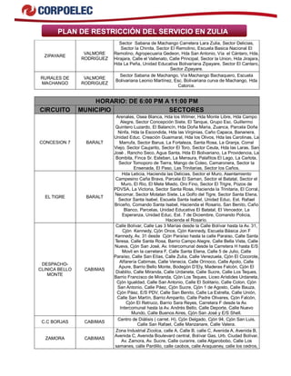 PLAN DE RESTRICCIÓN DEL SERVICIO EN ZULIA
ZIPAYARE
VALMORE
RODRIGUEZ
Sector Sabana de Machango Carretera Lara Zulia, Sector Delicias,
Sector la Chinita, Sector El Remolino, Escuela Basica Nacional El
Remolino, Agropecuaria Gedeon, Hda San Antonio, Vía el Cántaro, Hda.
Hirajara, Calle el Vallenato, Calle Principal, Sector la Union, Hda Jirajara,
Hda La Peña, Unidad Educativa Bolivariana Zipayare, Sector El Cantaro,
Sector Zipayare.
RURALES DE
MACHANGO
VALMORE
RODRIGUEZ
Sector Sabana de Machango, Vía Machango Bachaquero, Escuela
Bolivariana Leonio Martínez, Esc. Bolivariana curva de Machango, Hda
Catorce.
HORARIO: DE 6:00 PM A 11:00 PM
CIRCUITO MUNICIPIO SECTORES
CONCESION 7 BARALT
Arenales, Osea Blanca, Hda los Wilmer, Hda Monte Libre, Hda Campo
Alegre, Sector Concepción Siete, El Tanque, Grupo Esc. Guillermo
Quintero Luzardo, El Balancín, Hda Doña Maria, Zuanca, Parcela Doña
Ninfa, Hda la Escondida, Hda las Virginias, Caño Capaca, Bananera,
Unidad Educ. Creación Guaimaral, Hda los Olivos, Hda las Carolinas, La
Marrufa, Sector Barua, La Fortaleza, Santa Rosa, La Granja, Corral
Viejo, Sector Caujarito, Sector El Toro, Sector Ceuta, Hda las Laras, San
José , Rancho Seco, Agua Santa, Hda El Bolivariano, La Providencia, La
Bombita, Finca Sr. Esteban, La Mensura, Palafitos El Lago, La Carlota,
Sector Tomoporo de Tierra, Mango de Coleo, Camaronera, Sector la
Ensenada, El Paso, Las Trinitarias, Sector los Caños.
EL TIGRE BARALT
Hda Leticia, Hacienda las Delicias, Sector el Muro, Asentamiento
Campesino Caña Brava, Parcela El Saman, Sector el Batatal, Sector el
Muro, El Rio, El Mete Miedo, Oro Fino, Sector El Trigre, Pozos de
PDVSA, La Victoria, Sector Santa Rosa, Hacienda la Trinitaria, El Corral,
Necomar, Sector Motatan Siete, La Golfo del Tigre, Sector Santa Elena,
Sector Santa Isabel, Escuela Santa Isabel, Unidad Educ. Est. Rafael
Briceño, Comando Santa Isabel, Hacienda el Rosario, San Benito, Caño
Blanco, Parcelas, Unidad Educativa El Batatal, El Vencedor, La
Esperanza, Unidad Educ. Est. 7 de Diciembre, Comando Policia,
Hacienda el Rosario.
DESPACHO-
CLINICA BELLO
MONTE
CABIMAS
Calle Bolívar, Calle Las 3 Marías desde la Calle Bolívar hasta la Av. 31,
Cjón Kennedy, Cjón Once, Cjón Kennedy, Escuela Básica Jon F
Kennedy, Av. 31 desde Cjón Paraíso hasta la calle Paraiso, Calle Santa
Teresa, Calle Santa Rosa, Barrio Campo Alegre, Calle Bella Vista, Calle
Nueva, Cjón San José, Av. Intercomunal desde la Carretera H hasta E/S
Movil en la carretera F, Calle Santa Elena, Calle 5 de Julio, Calle
Paraíso, Calle San Elías, Calle Zulia, Calle Venezuela, Cjón El Cocorote,
Alfarería Cabimas, Calle Venecia, Calle Orinoco, Calle Apolo, Calle
Apure, Barrio Bello Monte, Bodegón D’Ely, Maderas Falcón, Cjón El
Diablito, Calle Miranda, Calle Urdaneta, Calle Sucre, Calle Los Teques,
Barrio Francisco de Miranda, Cjón Los Teques, Liceo Arístides Urdaneta,
Cjón Igualdad, Calle San Antonio, Calle El Solitario, Calle Colon, Cjón
San Antonio, Calle Páez, Cjón Sucre, Cjón 1 de Agosto, Calle Bauza,
Cjón Páez, E/S PDV, Calle San Benito, Calle La Estrella, Calle Unión,
Calle San Martín, Barrio Amparito, Calle Padre Olivares, Cjón Falcón,
Cjón El Retruco, Barrio Sara Reyes, Carretera F desde la Av.
Intercomunal hasta la Av. Andrés Bello, Calle Deporte, Calle Nuevo
Mundo, Calle Buenos Aires, Cjón San José y E/S Shell.
C.C BORJAS CABIMAS
Centro de Diálisis ( carret. H), Cjón Delgado, Cjón 94, Cjón San Luis,
Calle San Rafael, Calle Manzanare, Calle Valera.
ZAMORA CABIMAS
Zona Industrial Zicolca, calle A, Calle B, calle C, Avenida A, Avenida B,
Avenida C, Avenida Boulevard central, Bolívar Gas, Urb. Ciudad Bolívar,
Av. Zamora, Av. Sucre, Calle curarire, calle Algarobobo, Calle Los
samanes, calle Pardillo, calle caobos, calle Araguaney, calle los cedros,
 