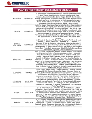 PLAN DE RESTRICCIÓN DEL SERVICIO EN ZULIA
ATLANTIDA LAGUNILLAS
Av. Intercomunal con sector Morochas, Av. Intercomunal Hasta Carretera
E, Grupo Escolar Sara Montiel De Urribarri, Calle San José, Calle
Progreso, Escuela Básica Est. Campo Alegre, Calle 21, Carretera Los
Positos, Barrio Mariscal De Sucre, Calle Nueva Esparta, Av. Intercomunal
con Calle las Flores, Av. Intercomunal con Calle Venezuela, Carretera
Puente H, Urb. El Prado Tía Juana, Av. 11, Carretera G Hasta Av. 32,
Guardia Nacional CANTV, Alcaldía S. Bolívar, Campo Taparito.
AMERICA LAGUNILLAS
Calle Río Blanco, Calle Nueva Esparta, Calle Piar Entre Calle Río Blanco
Hasta Calle Nueva Esparta, Calle Bermúdez, desde Calle Democracia
Hasta Av. Bolívar, Calle San Luis, Calle Federación, Calle Vencía, Calle
San Antonio, Clínica San Antonio, Av. 5, Calle Bermúdez desde la calle
Democracia hasta Av. Bolívar, Calle Vargas desde Av. 34 hasta Av. Arterial,
Av. Bolívar Desde Av. Intercomunal hasta Calle Caldera, Escuela
Venezuela, Esc. Creación Barrio Nuevo, Esc. Andrés Bello, Calle Mérida,
Calle Trujillo desde la Av. Alonso de Ojeda Hasta Calle Vargas, Hotel
América.
BARRIO
VENEZUELA
LAGUNILLAS
Av. 52 hasta la Carretera “O”, Carretera “O” hasta la Av. 44, Av. 51 hasta
Carretera “O”, Barrio Silencio Sur, Carretera P, Av.41, Carretera “Q”,
Carretera “Q”, Av. 62, Sector los Indios, Sector el Larense, Carretera P,
Barrio Venezuela, Calle Poste Negro, Calle Principal, Av. Intercomunal
desde carretera “P” hasta Callejón Coto Paúl, Esc. Basica Creación Barrio
Nuevo, Calle Perija, Calle Naguanagua, Calle Chile, Calle Cienaga, Dique
Interior norte Lagunillas, Calle el Cementerio,
ESTACADA MIRANDA
Av.5, G. Escolar A. Fuenmayor, Avenida Urdaneta entre Av. 3 y 5, Avenida
los Oliveros entre Av. 3 y 5, Avenida Andrade entre, Av. 2 y 6, Avenida
Ayacucho entre Av. 2 y 5, Comando Disip, Av. Caldera, Calle 5, Calle
Batista, Calle Farias, Calle T. Febres Cordero, Av. Valmore Rodríguez
desde la Av. 6 hasta el Hospital Hugo Parra León, Complejo Turístico la
Estacada, Av. Libertad, Los Hornitos, Playa los Compadres, Sector Haticos
del Sur, Av. 2, Campo Bíblico Marahnaca, Playa Dayco, Playa San Benito,
Playa El Caimán, Playa Lourdes, Playa Flia. Bohórquez, Playa Flia.
Bohórquez, Playa Lovera y Seijas, Coopesal, Balneario Kalvary, Antena
Mega 99, Sector Punta de Piedra, Esc. Basica Armando Cepeda, Sector
La Montañita, Playa el Bachaco.
EL CRESPO MIRANDA
Vía la Tubería, Sector Ballena 2, Granja Hermanos Cárdenas, Patio de
Tanques PDVSA, Sector el Crespo,Esc. Basica El Crespo, Sector La
Entrada, Sector El Rodeo, Esc. El rodeo, Sector Corrales, Coperativa de
producción el Cardonal, Fundo Gran Páramo, Fundo El Espejito,
Asentamiento campesino El Saraito, Vía a Quisiro, Sector Alto Viento.
SAN BENITO SANTA RITA
Desarrollo Turístico Corpozulia, Plaza de Pto. Escondido, Escuela
Cristóbal Rojas, Iglesia San Benito, Teneria, Panaderia Pto Escondido,
Escuela Lucreca Nava de Parra, Av. P. L. Urribarri desde la S/E Andes
hasta el Club la Estancia, C. Los Mangos, C. Páez, Estadio Ismael
Canameca, C. La Muñeca, C. Miranda, C. Guaicaipuro, C la Carpintería,
Planta Aguas Negras.
ETOXIL SANTA RITA
C. 5 de Julio, C. San José, Urb. Villa Rita, Av. Pedro Lucas Urribarri
desde Pralca hasta C. Camino nuevo, C. 12 de febrero, C. Las Flores, Av.
Pedro Lucas Urribarri desde el sector Mata Palo hasta la entrada a distrita
fte. a entrada Etoxil, Balneario Belén, Ambulatorio Barrancas, Sector
Barrancas, C. San Isidro, Estadio Dalmiro Finol, C. Los ilustres, Escuela
Santiago Aguerrevere, C. Medellín, Balneario Playa Grande, E/S Punta
Iguana, Urb Altamira, El estadio, Cjon. Camino nuevo.
MENITO SANTA RITA
Av. P. L. Urribarri, desde la S/E estación Andes hasta Puerto Azul, sector
Guere, Urb. Viviendas Venezolanas, Escuela Gral. José Urribarri, C.
Democracia, C. Falcón, C. Carúpano, Sector El Menito, Plaza Bolívar,
Estadio El Menito, Colegio Las Mucuritas, Urb. Las Mucuritas, C. Belén, C.
Sucre, C. San Juan, Estación de Servicio El Menito.
 