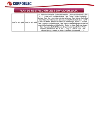 PLAN DE RESTRICCIÓN DEL SERVICIO EN ZULIA
SIMÓN BOLÍVAR SIMON BOLIVAR
Av. Intercomunal desde los Fiscales hasta la Urbanización Taparito Calle
1, 2, 3 , Calle Sucre, Calle Arismendi, Calle Febres Cordero, Calle Pta.
Benítez, Calle San Luis, Calle José Maria Vargas, Calle Bolívar, Calle Zea,
Calle Urdaneta, Urbanización Colinas de Bello Monte Calle de la 1 a 11,
Calle San Martín, Barrio San Antonio, Calle Principal, Barrio La Victoria,
Calle Libertador, Calle Miranda, Calle Sucre, Calle Democracia, Calle San
José, Calle Guaicaipuro, Calle Falcón, Sector La Vaca, Calle Las Vegas,
Cjón Yaguazas, Calle El Bosque, Grupo Escolar Luis Beltrán Prieto
Figueroa, Las Palmas, Av. 16, 17, 21, 22 y 23, Calle 1, 2 y 3, Calle
Democracia, y Estación de servicio Deltaven, Carretera A, C, D.
 
