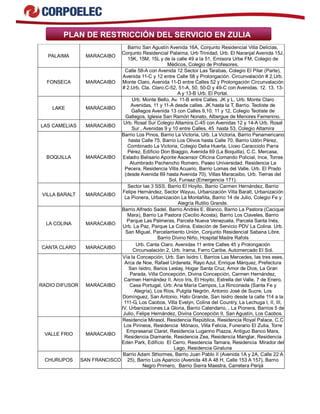 PLAN DE RESTRICCIÓN DEL SERVICIO EN ZULIA
PALAIMA MARACAIBO
Barrio San Agustín Avenida 16A, Conjunto Residencial Villa Delicias,
Conjunto Residencial Palaima, Urb Trinidad, Urb. El Naranjal Avenida 15J,
15K, 15M, 15L y de la calle 49 a la 51, Emisora Urbe FM, Colegio de
Médicos, Colegio de Profesores.
FONSECA MARACAIBO
Calle 58-A con Avenida 12 Sector Las Tarabas, Colegio El Pilar (Parte),
Avenida 11-C y 12 entre Calle 58 y Prolongación. Circunvalación # 2,Urb.
Monte Claro, Avenida 11-D entre Calles 52 y Prolongación Circunvalación
# 2.Urb. Cta. Claro.C-52, 51-A, 50, 50-D y 49-C con Avenidas. 12. 13, 13-
A y 13-B Urb. El Portal.
LAKE MARACAIBO
Urb. Monte Bello, Av. 11-B entre Calles. JK y L, Urb. Monte Claro
Avenidas, 11 y 11-A desde calles. JK hasta la T, Barrio. Teotiste de
Gallegos Avenida 13 con Calles 9,10, 11 y 12, Colegio Teotiste de
Gallegos, Iglesia San Ramón Nonato, Albergue de Menores Femenino.
LAS CAMELIAS MARACAIBO
Urb. Rosal Sur Colegio Altamira.C-45 con Avenidas 12 y 14-A Urb. Rosal
Sur , Avenidas 9 y 10 entre Calles. 45 hasta 53, Colegio Altamira
BOQUILLA MARACAIBO
Barrio Los Pinos, Barrio La Victoria, Urb. La Victoria, Barrio Panamericano
hasta Calle 75, Barrio Los Olivos hasta Calle 70, Barrio Udón Pérez,
Combinado La Victoria, Colegio Delia Huerta, Liceo Caracciolo Parra
Pérez, Edificio Don Biaggio, Avenida 69 (La Boquilla), C.C. Mercasa,
Estadio Belisario Aponte Ascensor Oficina Comando Policial, Ince, Torres
Alumbrado Pachencho Romero, Paseo Universidad. Residencia La
Pecera, Residencia Villa Acuario, Barrio Lomas del Valle, Urb. El Prado
(desde Avenida 69 hasta Avenida 70), Villas Maracaibo, Urb. Tierras del
Sol, Funsaz (Emergencia 171).
VILLA BARALT MARACAIBO
Sector las 3 SSS, Barrio El Hoyito, Barrio Carmen Hernández, Barrio
Felipe Hernández, Sector Wayuu, Urbanización Villa Baralt, Urbanización
La Pionera, Urbanización La Montañita, Barrio 14 de Julio, Colegio Fe y
Alegría Rutilio Grande.
LA COLINA MARACAIBO
Barrio Alfredo Sadel, Barrio Andrés E. Blanco, Barrio La Pastora (Cacique
Mara), Barrio La Pastora (Cecilio Acosta), Barrio Los Claveles, Barrio
Parque Las Palmeras, Parcela Nueva Venezuela, Parcela Santa Inés,
Urb. La Paz, Parque La Colina, Estación de Servicio PDV La Colina. Urb.
San Miguel, Parcelamiento Unión, Conjunto Residencial Sabana Libre,
Barrio Divino Niño, Hospital Madre Rafols
CANTA CLARO MARACAIBO
Urb. Canta Claro. Avenidas 11 entre Calles 45 y Prolongación
Circunvalación 2, Urb. Irama, Ferro Caribe, Automercado El Sol.
RADIO DIFUSOR MARACAIBO
Vía la Concepción, Urb. San Isidro I, Barrios Las Mercedes, las tres eses,
Arca de Noe, Rafael Urdaneta, Rayo Azul, Enrique Márquez, Prefectura
San Isidro, Barios Leslay, Hogar Santa Cruz, Amor de Dios, La Gran
Parada, Villa Concepción, Divina Concepción, Carmen Hernández,
Carmen Hernández II, Arco Iris, El Hoyito, Estrella del Valle, 7 de Enero,
Casa Portugal, Urb. Ana María Campos, La Rinconada (Santa Fe y
Alegría), Los Ríos, Pulgita Negrón, Antonio José de Sucre, Los
Domínguez, San Antonio, Hato Grande, San Isidro desde la calle 114 a la
111-G, Los Caobos, Villa Evelyn, Colina del Country, La Lechuga I, II, III,
IV, Urbanizaciones La Gloria, Barrio Calendario, , La Pionera, Barrios 5 de
Julio, Felipe Hernández, Divina Concepción II, San Agustín, Los Caobos.
VALLE FRIO MARACAIBO
Residencia Mirasol, Residencia República, Residencia Royal Palace, C.C
Los Pirineos, Residencia Mónaco, Villa Felicia, Funerario El Zulia, Torre
Empresarial Claret, Residencia Luganno Piazza, Antiguo Banco Mara,
Residencia Diamante, Residencia Zea, Residencia Manglar, Residencia
Edén Park, Edificio El Cerro, Residencia Tamara, Residencia Mirador del
Lago, Residencia Giraluna
CHURUPOS SAN FRANCISCO
Barrio Adam Sthormes, Barrio Juan Pablo II (Avenida 1A y 2A, Calle 22 A
25), Barrio Luis Aparicio (Avenida 48 A 48 H, Calle 153 A 157), Barrio
Negro Primero, Barrio Sierra Maestra, Carretera Perijá
 