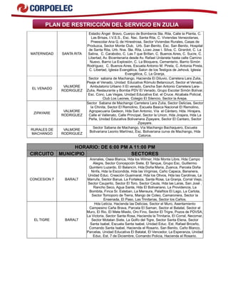 PLAN DE RESTRICCIÓN DEL SERVICIO EN ZULIA
MATERNIDAD SANTA RITA
Estadio Ángel Bravo, Cuerpo de Bomberos Sta. Rita, Calle la Planta, C.
Las Brisas, I.V.S.S., Esc. Nac. Santa Rita, C. Viviendas Venezolanas,
Preescolar Ana G. de Hinestrosa, Sector Viviendas Rurales, Casas de
Produzca, Sector Monte Club, Urb. San Benito, Esc. San Benito, Hospital
de Santa Rita, Urb. Nva. Sta. Rita, Liceo Jose I. Silva, C. Girardot, C. La
Salina, C. Carabobo, C. Las 7 que Brillan, C. Buenos Aires, C. Sucre, C.
Libertad, Av. Bicentenaria desde Av. Rafael Urdaneta hasta calle Camino
Nuevo, Barrio La Explosión, C. La Bloquera, Cementerio, Barrio Simòn
Rodrìguez, C. Buenos Aires, Escuela Antonio M. Pirela, C. Antonia Pirela,
C. Libertad, Iglesia Evangélica, Salon de los Testigos de Jehová, Iglesia
Evangèlica, C. La Granja,
EL VENADO
VALMORE
RODRIGUEZ
Sector sabana de Machango, Hacienda El Diluvio, Carretera Lara Zulia,
Peaje el Venado, Unidad Educativa Rómulo Betancourt, Sector el Venado,
Ambulatorio Urbano II El venado, Cancha San Antonio Carretera Lara-
Zulia, Restaurante y Bomba PDV El Venado, Grupo Escolar Simón Bolívar,
Esc. Conc. Las Vegas, Unidad Educativa Est. el Cruce. Alcabala Policial,
Club Los Leones, Colegio El Silencio, Sector la Arepa.
ZIPAYARE
VALMORE
RODRIGUEZ
Sector Sabana de Machango Carretera Lara Zulia, Sector Delicias, Sector
la Chinita, Sector El Remolino, Escuela Basica Nacional El Remolino,
Agropecuaria Gedeon, Hda San Antonio, Vía el Cántaro, Hda. Hirajara,
Calle el Vallenato, Calle Principal, Sector la Union, Hda Jirajara, Hda La
Peña, Unidad Educativa Bolivariana Zipayare, Sector El Cantaro, Sector
Zipayare.
RURALES DE
MACHANGO
VALMORE
RODRIGUEZ
Sector Sabana de Machango, Vía Machango Bachaquero, Escuela
Bolivariana Leonio Martínez, Esc. Bolivariana curva de Machango, Hda
Catorce.
HORARIO: DE 6:00 PM A 11:00 PM
CIRCUITO MUNICIPIO SECTORES
CONCESION 7 BARALT
Arenales, Osea Blanca, Hda los Wilmer, Hda Monte Libre, Hda Campo
Alegre, Sector Concepción Siete, El Tanque, Grupo Esc. Guillermo
Quintero Luzardo, El Balancín, Hda Doña Maria, Zuanca, Parcela Doña
Ninfa, Hda la Escondida, Hda las Virginias, Caño Capaca, Bananera,
Unidad Educ. Creación Guaimaral, Hda los Olivos, Hda las Carolinas, La
Marrufa, Sector Barua, La Fortaleza, Santa Rosa, La Granja, Corral Viejo,
Sector Caujarito, Sector El Toro, Sector Ceuta, Hda las Laras, San José ,
Rancho Seco, Agua Santa, Hda El Bolivariano, La Providencia, La
Bombita, Finca Sr. Esteban, La Mensura, Palafitos El Lago, La Carlota,
Sector Tomoporo de Tierra, Mango de Coleo, Camaronera, Sector la
Ensenada, El Paso, Las Trinitarias, Sector los Caños.
EL TIGRE BARALT
Hda Leticia, Hacienda las Delicias, Sector el Muro, Asentamiento
Campesino Caña Brava, Parcela El Saman, Sector el Batatal, Sector el
Muro, El Rio, El Mete Miedo, Oro Fino, Sector El Trigre, Pozos de PDVSA,
La Victoria, Sector Santa Rosa, Hacienda la Trinitaria, El Corral, Necomar,
Sector Motatan Siete, La Golfo del Tigre, Sector Santa Elena, Sector
Santa Isabel, Escuela Santa Isabel, Unidad Educ. Est. Rafael Briceño,
Comando Santa Isabel, Hacienda el Rosario, San Benito, Caño Blanco,
Parcelas, Unidad Educativa El Batatal, El Vencedor, La Esperanza, Unidad
Educ. Est. 7 de Diciembre, Comando Policia, Hacienda el Rosario.
 