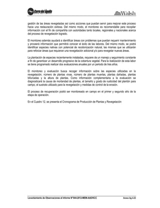 Levantamiento de Observaciones al Informe N°044-2012-MEM-AAE/KCC Anexo Ag 4-23
gestión de las áreas revegetadas así como acciones que puedan servir para mejorar este proceso
hacia una restauración exitosa. Del mismo modo, el monitoreo es recomendable para recopilar
información con el fin de compartirla con autoridades tanto locales, regionales y nacionales acerca
del proceso de revegetación logrado.
El monitoreo además ayudará a identificar áreas con problemas que puedan requerir mantenimiento
y proveerá información que permitirá conocer el éxito de las labores. Del mismo modo, se podrá
identificar especies nativas con potencial de recolonización natural, las mismas que se utilizarán
para reforzar áreas que requieran una revegetación adicional y/o para revegetar nuevas áreas.
La plantación de especies recientemente instaladas, requiere de un manejo y seguimiento constante
a fin de garantizar un desarrollo progresivo de la cobertura vegetal. Para la realización de esta labor
se tiene programado realizar dos evaluaciones anuales por un periodo de tres años.
El monitoreo y evaluación busca recoger información sobre las especies utilizadas en la
revegetación, número de plantas vivas, número de plantas muertas, plantas dañadas, plantas
bifurcadas y la altura de plantas. Como información complementaria a la evaluación se
diagnosticará la causa de mortandad de plantas, el tamaño y grado de rusticidad del plantón para
campo, el sustrato utilizado para la revegetación y medidas de control de la erosión.
El proceso de recuperación podrá ser monitoreado en campo en el primer y segundo año de la
etapa de operación.
En el Cuadro 12, se presenta el Cronograma de Producción de Plantas y Revegetación
 