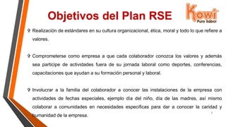 5
Objetivos del Plan RSE
 Realización de estándares en su cultura organizacional, ética, moral y todo lo que refiere a
valores.
 Comprometerse como empresa a que cada colaborador conozca los valores y además
sea participe de actividades fuera de su jornada laboral como deportes, conferencias,
capacitaciones que ayudan a su formación personal y laboral.
 Involucrar a la familia del colaborador a conocer las instalaciones de la empresa con
actividades de fechas especiales, ejemplo día del niño, día de las madres, así mismo
colaborar a comunidades en necesidades especificas para dar a conocer la caridad y
humanidad de la empresa.
 