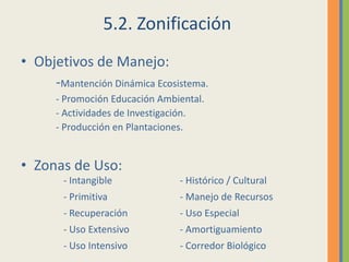 5.2. ZonificaciónObjetivos de Manejo:-Mantención Dinámica Ecosistema.		- Promoción Educación Ambiental.		- Actividades de Investigación.		- Producción en Plantaciones.Zonas de Uso: