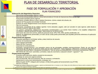 PLAN DE DESARROLLO TERRITORIAL FASE DE FORMULACIÓN Y APROBACIÓN PLAN FINANCIERO Elaboración del diagnóstico financiero : Ejecuciones presupuestales (últimos 4 años). Ejecuciones presupuestales (últimos 4 años) estructuradas en formato de Operaciones Efectivas de Caja*. Presupuesto aprobado para la vigencia. Información contable (últimos 4 años): estados financieros, nómina, estado de la deuda, etc. Estatuto de Presupuesto de la Entidad Territorial. Estatuto de rentas (Reglamentación de la adopción de los ingresos). Plan de inversiones. Información consolidada de los créditos vigentes: monto adeudado, pagado, valor por cancelar en cada vigencia, saldo deuda e intereses durante la vigencia del crédito. Los pasivos contingentes (obligaciones pecuniarias acondicionados a un evento futuro incierto) y los exigibles (obligaciones conciliadas o falladas pendientes de pago), relacionados por la oficina jurídica. Información del costo de la nómina, planta de personal actual, OPS, POS, ARS, aportes parafiscales, etc. Relación de obligaciones pensionales y el cobro de las cuotas partes pensionales para aquellas pensiones anteriores a la aplicación de la Ley 100/93. Proyecciones de ingresos : Impuestos aplicables en la Entidad, tarifas y datos históricos de recaudo. Volumen de transferencia SGP. Otros ingresos territoriales. Metas del Plan Financiero. Capacidad de endeudamiento. Supuestos macroeconómicos.  Los supuestos acerca de las principales variables macroeconómicas. Parten de una tasa de crecimiento del PIB de 4% en términos reales para los años 2005-2015. Tasas Interés(%), Inflación(%), Crecimiento Real PIB(%), Crecimiento Nominal PIB(%), Devaluación promedio(%), Tipo de cambio promedio($/$USD), Crecimiento importaciones FOB(%). MÉTODOS DE CÁLCULO: automático, promedios, tasas de crecimiento, evaluación directa**, regresión***, etc. Proyecciones de gastos : Acuerdos sobre estructura, planta y escala de remuneración. Resultado de cierre de la vigencia anterior. Plan de Desarrollo, Plan de Inversiones, Plan de compras y contratación. Sentencias en contra de la Administración, embargos, etc. Metas de gasto del PF, Categoría del municipio, Límites de los gastos de funcionamiento (Ley 617/00). Servicio a la deuda. *  Metodología que muestra la diferencia entre los ingresos y egresos que efectivamente tiene un municipio en el año. Señala cómo dicha diferencia se financia cuando se presenta un déficit, o cómo se utiliza cuando se presenta un superávit. **  Valoración de una variable sin la ayuda de instrumentos para estimar las magnitudes que pueda tener. ***  Tendencia de una medición observada a acercarse a la media de un conjunto de mediciones cuando se realiza una segunda observación. Predice una medida conociendo otra medida. Asesor: Ing. Giovani Britton Huffington 