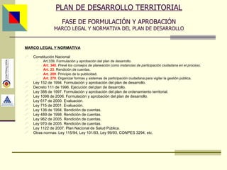 PLAN DE DESARROLLO TERRITORIAL FASE DE FORMULACIÓN Y APROBACIÓN MARCO LEGAL Y NORMATIVA DEL PLAN DE DESARROLLO MARCO LEGAL Y NORMATIVA Constitución Nacional Art.339.  Formulación y aprobación del plan de desarrollo . Art. 340.   Prevé los consejos de planeación como instancias de participación ciudadana en el proceso . Art. 23 .  Rendición de cuentas. Art. 209 .  Principio de la publicidad.   Art. 270 .  Organizar formas y sistemas de participación ciudadana para vigilar la gestión pública.   Ley 152 de 1994. Formulación y aprobación del plan de desarrollo . Decreto 111 de 1996. Ejecución del plan de desarrollo . Ley 388 de 1997. Formulación y aprobación del plan de ordenamiento territorial. Ley 1098 de 2006. Formulación y aprobación del plan de desarrollo. Ley 617 de 2000. Evaluación. Ley 715 de 2001. Evaluación. Ley 136 de 1994. Rendición de cuentas. Ley 489 de 1998. Rendición de cuentas . Ley 962 de 2005. Rendición de cuentas. Ley 970 de 2005. Rendición de cuentas . Ley 1122 de 2007. Plan Nacional de Salud Pública . Otras normas: Ley 115/94, Ley 101/93, Ley 99/93, CONPES 3294, etc. Asesor: Ing. Giovani Britton Huffington 