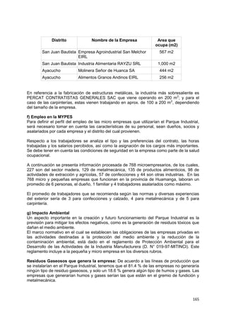 165
Distrito Nombre de la Empresa Area que
ocupa (m2)
San Juan Bautista Empresa Agroindustrial San Melchor
EIRL
567 m2
San Juan Bautista Industria Alimentaria RAYZU SRL 1,000 m2
Ayacucho Molinera Señor de Huanca SA 444 m2
Ayacucho Alimentos Granos Andinos EIRL 256 m2
En referencia a la fabricación de estructuras metálicas, la industria más sobresaliente es
PERCAT CONTRATISTAS GENERALES SAC que viene operando en 200 m2
; y para el
caso de las carpinterías, estas vienen trabajando en aprox. de 100 a 200 m2
, dependiendo
del tamaño de la empresa.
f) Empleo en la MYPES
Para definir el perfil del empleo de las micro empresas que utilizarían el Parque Industrial,
será necesario tomar en cuenta las características de su personal, sean dueños, socios y
asalariados por cada empresa y el distrito del cual provienen.
Respecto a los trabajadores se analiza el tipo y las preferencias del contrato, las horas
trabajadas y los salarios percibidos, así como la asignación de los cargos más importantes.
Se debe tener en cuenta las condiciones de seguridad en la empresa como parte de la salud
ocupacional.
A continuación se presenta información procesada de 768 microempresarios, de los cuales,
227 son del sector madera, 129 de metalmecánica, 135 de productos alimenticios, 98 de
actividades de extracción y agrícolas, 57 de confecciones y 44 son otras industrias. En las
768 micro y pequeñas empresas que funcionan en la provincia de Huamanga, laboran un
promedio de 6 personas, el dueño, 1 familiar y 4 trabajadores asalariados como máximo.
El promedio de trabajadores que se recomienda según las normas y diversas experiencias
del exterior sería de 3 para confecciones y calzado, 4 para metalmecánica y de 5 para
carpintería.
g) Impacto Ambiental
Un aspecto importante en la creación y futuro funcionamiento del Parque Industrial es la
previsión para mitigar los efectos negativos, como es la generación de residuos tóxicos que
dañan el medio ambiente.
El marco normativo en el cual se establecen las obligaciones de las empresas privadas en
las actividades destinadas a la protección del medio ambiente y la reducción de la
contaminación ambiental, está dado en el reglamento de Protección Ambiental para el
Desarrollo de las Actividades de la Industria Manufacturera (D. N° 019-97-MITINCI). Este
reglamento incluye a la pequeña y micro empresa en los diversos rubros.
Residuos Gaseosos que genera la empresa: De acuerdo a las líneas de producción que
se instalarían en el Parque Industrial, tenemos que el 81.4 % de las empresas no generaría
ningún tipo de residuo gaseosos, y solo un 18.6 % genera algún tipo de humos y gases. Las
empresas que generarían humos y gases serían las que están en el gremio de fundición y
metalmecánica.
 