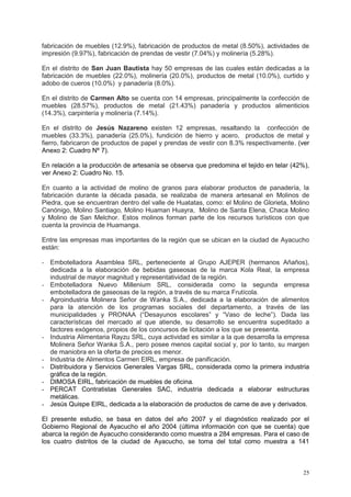 25
fabricación de muebles (12.9%), fabricación de productos de metal (8.50%), actividades de
impresión (9.97%), fabricación de prendas de vestir (7.04%) y molinería (5.28%).
En el distrito de San Juan Bautista hay 50 empresas de las cuales están dedicadas a la
fabricación de muebles (22.0%), molinería (20.0%), productos de metal (10.0%), curtido y
adobo de cueros (10.0%) y panadería (8.0%).
En el distrito de Carmen Alto se cuenta con 14 empresas, principalmente la confección de
muebles (28.57%), productos de metal (21.43%) panadería y productos alimenticios
(14.3%), carpintería y molinería (7.14%).
En el distrito de Jesús Nazareno existen 12 empresas, resaltando la confección de
muebles (33.3%), panadería (25.0%), fundición de hierro y acero, productos de metal y
fierro, fabricaron de productos de papel y prendas de vestir con 8.3% respectivamente. (ver
Anexo 2: Cuadro Nº 7).
En relación a la producción de artesanía se observa que predomina el tejido en telar (42%),
ver Anexo 2: Cuadro No. 15.
En cuanto a la actividad de molino de granos para elaborar productos de panadería, la
fabricación durante la década pasada, se realizaba de manera artesanal en Molinos de
Piedra, que se encuentran dentro del valle de Huatatas, como: el Molino de Glorieta, Molino
Canónigo, Molino Santiago, Molino Huaman Huayra, Molino de Santa Elena, Chaca Molino
y Molino de San Melchor. Estos molinos forman parte de los recursos turísticos con que
cuenta la provincia de Huamanga.
Entre las empresas mas importantes de la región que se ubican en la ciudad de Ayacucho
están:
- Embotelladora Asamblea SRL, perteneciente al Grupo AJEPER (hermanos Añaños),
dedicada a la elaboración de bebidas gaseosas de la marca Kola Real, la empresa
industrial de mayor magnitud y representatividad de la región.
- Embotelladora Nuevo Millenium SRL, considerada como la segunda empresa
embotelladora de gaseosas de la región, a través de su marca Frutícola.
- Agroindustria Molinera Señor de Wanka S.A., dedicada a la elaboración de alimentos
para la atención de los programas sociales del departamento, a través de las
municipalidades y PRONAA (“Desayunos escolares” y “Vaso de leche”). Dada las
características del mercado al que atiende, su desarrollo se encuentra supeditado a
factores exógenos, propios de los concursos de licitación a los que se presenta.
- Industria Alimentaria Rayzu SRL, cuya actividad es similar a la que desarrolla la empresa
Molinera Señor Wanka S.A., pero posee menos capital social y, por lo tanto, su margen
de maniobra en la oferta de precios es menor.
- Industria de Alimentos Carmen EIRL, empresa de panificación.
- Distribuidora y Servicios Generales Vargas SRL, considerada como la primera industria
gráfica de la región.
- DIMOSA EIRL, fabricación de muebles de oficina.
- PERCAT Contratistas Generales SAC, industria dedicada a elaborar estructuras
metálicas.
- Jesús Quispe EIRL, dedicada a la elaboración de productos de carne de ave y derivados.
El presente estudio, se basa en datos del año 2007 y el diagnóstico realizado por el
Gobierno Regional de Ayacucho el año 2004 (última información con que se cuenta) que
abarca la región de Ayacucho considerando como muestra a 284 empresas. Para el caso de
los cuatro distritos de la ciudad de Ayacucho, se toma del total como muestra a 141
 