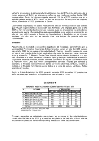 34
Nº DETALLE
AÑO 2003 AÑO 2004 AÑO 2005 I SEM-2006
01 MERCADO MAGDALENA 140 146 204 136
02 MERCADO PLAYA GRAU 322 322 323 374
03 MERCADO MARISCAL CÁCERES 177 153 182 159
04 MERCADO SANTA CLARA 136 155 145 201
05 MERCADO C.F.VIVANCO 502 534 534 589
06 MERCADO NERY GARCIA* 700 700 700 603
TOTAL 1977 2010 2088 2062
Nº DE PUESTOS
La fuerte presencia de la persona natural justifica que más del 81% de los comercios de la
ciudad están en el RUS y es además un reflejo de sus niveles de ventas (hasta 2,000
nuevos soles). Dentro del régimen especial están el 13% de MYPES; mientras que en el
régimen general están el 40%, dentro de esta se encuentran las empresas de mayores
ventas, además de MYPES que venden al Estado.
Los trámites engorrosos y los costos relativamente altos de formalización son dos factores
que influyen negativamente en la decisión para formalizar una empresa, pero para el año
2007 se han incrementando el número de registros, pues, los empresarios van entendiendo
gradualmente que la informalidad les resta oportunidades en su visión de crecimiento, sin
ella es muy difícil acceder a fuentes de financiamiento y beneficios en las compras
estatales; por otro lado, no les permite crear una imagen de garantía ante sus
consumidores.
Mercados
Actualmente, en la ciudad se encuentran registrados 06 mercados, administrados por la
Municipalidad Provincial de Huamanga. Estos mercados, suman un total de 2,088 puestos
para el año 2005, de los cuales el Mercado Carlos F. Vivanco , tiene 534 puestos de venta
por ser el mas grande de la ciudad, dedicados a la venta de abarrotes, carne, verduras,
frutas y artesanías. El Mercado Santa Clara tiene el menor número de puestos, con solo
143, dedicados a la venta de comida, calzados, ropas y baratijas; mientras que el Mercado
Magdalena, expende abarrotes, carnes, verduras, con tiendas en alquiler con venta de ropa,
el Mercado Playa Grau que vende principalmente cereales, seguido por comidas y
abarrotes, el Mercado Mariscal Cáceres donde se venden abarrotes, verduras, cereales y
molidos, y el Mercado Nery García que se dedica a la venta de carnes, verduras, frutas,
abarrotes en tiendas.
Según el Boletín Estadístico del 2006, para el I semestre 2006, sumarían 187 puestos que
están vacantes o en abandono, en los diferentes mercados de la ciudad.
CUADRO Nº 4
MERCADOS REGISTRADOS POR NÚMERO DE PUESTOS 2003-2006
FUENTE: Boletín Estadístico 2005, 2006 -MPH
ELABORACIÓN: ETPDUA 2008.
El mayor porcentaje de actividades comerciales, se encuentra en los establecimientos
comerciales con cerca del 80%, y el resto en los puestos de mercado y otros* que se
encuentran en pasadizos dentro del mercado y alrededor o fuera de los mercados.
 