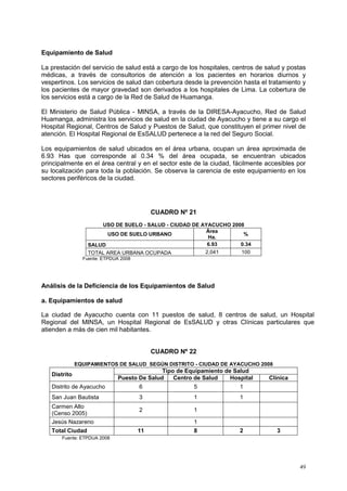 49
Equipamiento de Salud
La prestación del servicio de salud está a cargo de los hospitales, centros de salud y postas
médicas, a través de consultorios de atención a los pacientes en horarios diurnos y
vespertinos. Los servicios de salud dan cobertura desde la prevención hasta el tratamiento y
los pacientes de mayor gravedad son derivados a los hospitales de Lima. La cobertura de
los servicios está a cargo de la Red de Salud de Huamanga.
El Ministerio de Salud Pública - MINSA, a través de la DIRESA-Ayacucho, Red de Salud
Huamanga, administra los servicios de salud en la ciudad de Ayacucho y tiene a su cargo el
Hospital Regional, Centros de Salud y Puestos de Salud, que constituyen el primer nivel de
atención. El Hospital Regional de EsSALUD pertenece a la red del Seguro Social.
Los equipamientos de salud ubicados en el área urbana, ocupan un área aproximada de
6.93 Has que corresponde al 0.34 % del área ocupada, se encuentran ubicados
principalmente en el área central y en el sector este de la ciudad, fácilmente accesibles por
su localización para toda la población. Se observa la carencia de este equipamiento en los
sectores periféricos de la ciudad.
CUADRO Nº 21
USO DE SUELO - SALUD - CIUDAD DE AYACUCHO 2008
USO DE SUELO URBANO
Área
Ha.
%
SALUD 6.93 0.34
TOTAL AREA URBANA OCUPADA 2,041 100
Fuente: ETPDUA 2008
Análisis de la Deficiencia de los Equipamientos de Salud
a. Equipamientos de salud
La ciudad de Ayacucho cuenta con 11 puestos de salud, 8 centros de salud, un Hospital
Regional del MINSA, un Hospital Regional de EsSALUD y otras Clínicas particulares que
atienden a más de cien mil habitantes.
CUADRO Nº 22
EQUIPAMIENTOS DE SALUD SEGÚN DISTRITO - CIUDAD DE AYACUCHO 2008
Distrito
Tipo de Equipamiento de Salud
Puesto De Salud Centro de Salud Hospital Clínica
Distrito de Ayacucho 6 5 1
San Juan Bautista 3 1 1
Carmen Alto
(Censo 2005)
2 1
Jesús Nazareno 1
Total Ciudad 11 8 2 3
Fuente: ETPDUA 2008
 