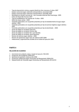 8
 Tasa de desnutrición crónica y aguda infantil de niños menores a 5 años- 2007
 Estado nutricional según valoración antropométrica: peso/edad 2008
 Estado nutricional según valoración antropométrica: peso/talla 2008
 Morbilidad de infantes menores de 1 año consultas externas Red Huamanga - 2005
 Indice de Desarrollo Humano 2007
 Tasa de analfabetismo de mayores de 15 años - 2005
 Déficit de áreas verdes - 2008
 Viviendas particulares con ocupantes presentes por tipo de abastecimiento de agua según
distritos - 2005
 Viviendas particulares con ocupantes presentes por tipo de servicio higiénico según distritos -
2005
 Viviendas particulares con ocupantes presentes por tipo de alumbrado - 2005
 Zonas de peligro en el distrito Ayacucho
 Zonas de peligro en el distrito Carmen Alto
 Zonas de peligro en el distrito San Juan Bautista
 Zonas de peligro en el distrito Jesús Nazareno
 Número de serenos según distritos - 2008
 Número de agresiones según tipos de violencia 2007-2008
 Instituciones y organizaciones sociales de la ciudad de Ayacucho 2008
PARTE II
RELACIÓN DE CUADROS
1. Crecimiento de la población urbana –Ciudad de Ayacucho 1993-2005
2. Proyección de la población 2008-2018
3. Sectores de expansión urbana al año 2008
4. Proyección poblacional según Horizontes de Planeamiento 2008-2018
5. Requerimiento de Viviendas según Horizontes de Planeamiento 2010-2018
 