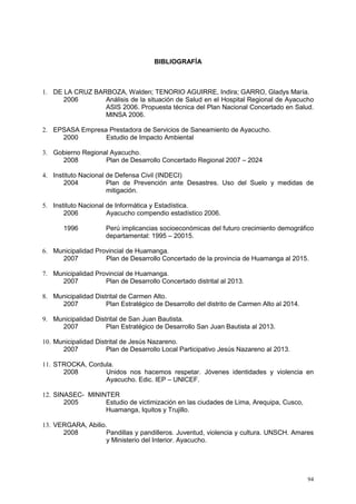 94
BIBLIOGRAFÍA
1. DE LA CRUZ BARBOZA, Walden; TENORIO AGUIRRE, Indira; GARRO, Gladys María.
2006 Análisis de la situación de Salud en el Hospital Regional de Ayacucho
ASIS 2006. Propuesta técnica del Plan Nacional Concertado en Salud.
MINSA 2006.
2. EPSASA Empresa Prestadora de Servicios de Saneamiento de Ayacucho.
2000 Estudio de Impacto Ambiental
3. Gobierno Regional Ayacucho.
2008 Plan de Desarrollo Concertado Regional 2007 – 2024
4. Instituto Nacional de Defensa Civil (INDECI)
2004 Plan de Prevención ante Desastres. Uso del Suelo y medidas de
mitigación.
5. Instituto Nacional de Informática y Estadística.
2006 Ayacucho compendio estadístico 2006.
1996 Perú implicancias socioeconómicas del futuro crecimiento demográfico
departamental: 1995 – 20015.
6. Municipalidad Provincial de Huamanga.
2007 Plan de Desarrollo Concertado de la provincia de Huamanga al 2015.
7. Municipalidad Provincial de Huamanga.
2007 Plan de Desarrollo Concertado distrital al 2013.
8. Municipalidad Distrital de Carmen Alto.
2007 Plan Estratégico de Desarrollo del distrito de Carmen Alto al 2014.
9. Municipalidad Distrital de San Juan Bautista.
2007 Plan Estratégico de Desarrollo San Juan Bautista al 2013.
10. Municipalidad Distrital de Jesús Nazareno.
2007 Plan de Desarrollo Local Participativo Jesús Nazareno al 2013.
11. STROCKA, Cordula.
2008 Unidos nos hacemos respetar. Jóvenes identidades y violencia en
Ayacucho. Edic. IEP – UNICEF.
12. SINASEC- MININTER
2005 Estudio de victimización en las ciudades de Lima, Arequipa, Cusco,
Huamanga, Iquitos y Trujillo.
13. VERGARA, Abilio.
2008 Pandillas y pandilleros. Juventud, violencia y cultura. UNSCH. Amares
y Ministerio del Interior. Ayacucho.
 