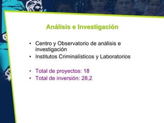 Análisis e Investigación

• Centro y Observatorio de análisis e
  investigación
• Institutos Criminalísticos y Laboratorios

• Total de proyectos: 18
• Total de inversión: 28,2
 