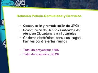 Relación Policía-Comunidad y Servicios

 • Construcción y remodelación de UPCs
 • Construcción de Centros Unificados de
   Atención Ciudadana y mini cuarteles
 • Gobierno electrónico: consultas, pagos,
   trámites por diferentes medios

 • Total de proyectos: 1586
 • Total de inversión: 98,26
 