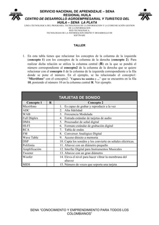 SERVICIO NACIONAL DE APRENDIZAJE – SENA
                    REGIONAL HUILA
 CENTRO DE DESARROLLO AGROEMPRESARIAL Y TURISTICO DEL
                 HUILA – SENA LA PLATA
 LINEA TECNOLOGICA DEL PROGRAMA: TECNOLOGIAS DE LA INFORMACION Y LA COMUNICACIÓN GESTION
                                    DE LA INFORMACION
                                     RED TECNOLÓGICA:
                  TECNOLOGIAS DE LA INFORMACION DISEÑO Y DESARROLLO DE
                                        SOFTWARE



                                       TALLER


1. En esta tabla tienes que relacionar los conceptos de la columna de la izquierda
   (concepto 1) con los conceptos de la columna de la derecha (concepto 2). Para
   realizar dicha relación se utiliza la columna central (R) en la que se pondrá el
   número correspondiente al concepto2 de la columna de la derecha que se quiere
   relacionar con el concepto 1 de la columna de la izquierda correspondiente a la fila
   donde se pone el número. En el ejemplo, se ha relacionado el concepto1:
   “Micrófono" con el concepto2: ”Captura los sonidos y ...” que se encuentra en la fila
   10, poniendo el número 10 en la columna central R. Ver ejemplo.



                            TARJETAS DE SONIDO
   Concepto 1       R                              Concepto 2
Micrófono                   1. Es capaz de grabar y reproducir a la vez
ADC                         2. Alta fidelidad
WAB                         3. Frecuencia Modulada
Full Dúplex                 4. Entrada estándar de tarjetas de audio
DMA                         5. Procesador de señal digital
HI-FI                       6. Formato estándar de grabación digital
RCA                         7. Tabla de ondas
FM                          8. Conversor Analógico Digital
Wave Table                  9. Acceso directo a memoria
DSP                         10. Capta los sonidos y los convierte en señales eléctricas.
Polifonía                   11. Altavoz con un diámetro pequeño
Amplificación               12. Interfaz Digital para Instrumentos Musicales
Tweeter                     13. Altavoz con un gran diámetro
Woofer                      14. Eleva el nivel para hacer vibrar la membrana del
                                altavoz
MIDI                        15. Número de voces que soporta una tarjeta




       SENA “CONOCIMIENTO Y EMPRENDIMIENTO PARA TODOS LOS
                          COLOMBIANOS”
 