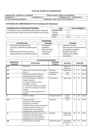 PLAN DE SESIÓN DE APRENDIZAJE
ASIGNATURA: SOCIEDAD Y ECONOMÍA ESPECIALIDAD: TODAS LAS CARRERAS
SEMESTRE: I SUBMÓDULO: I SE...