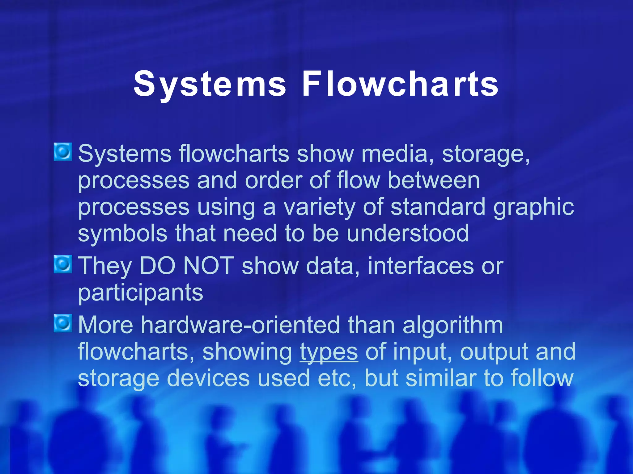 Systems Flowcharts
Systems flowcharts show media, storage,
processes and order of flow between
processes using a variety of standard graphic
symbols that need to be understood
They DO NOT show data, interfaces or
participants
More hardware-oriented than algorithm
flowcharts, showing types of input, output and
storage devices used etc, but similar to follow
 