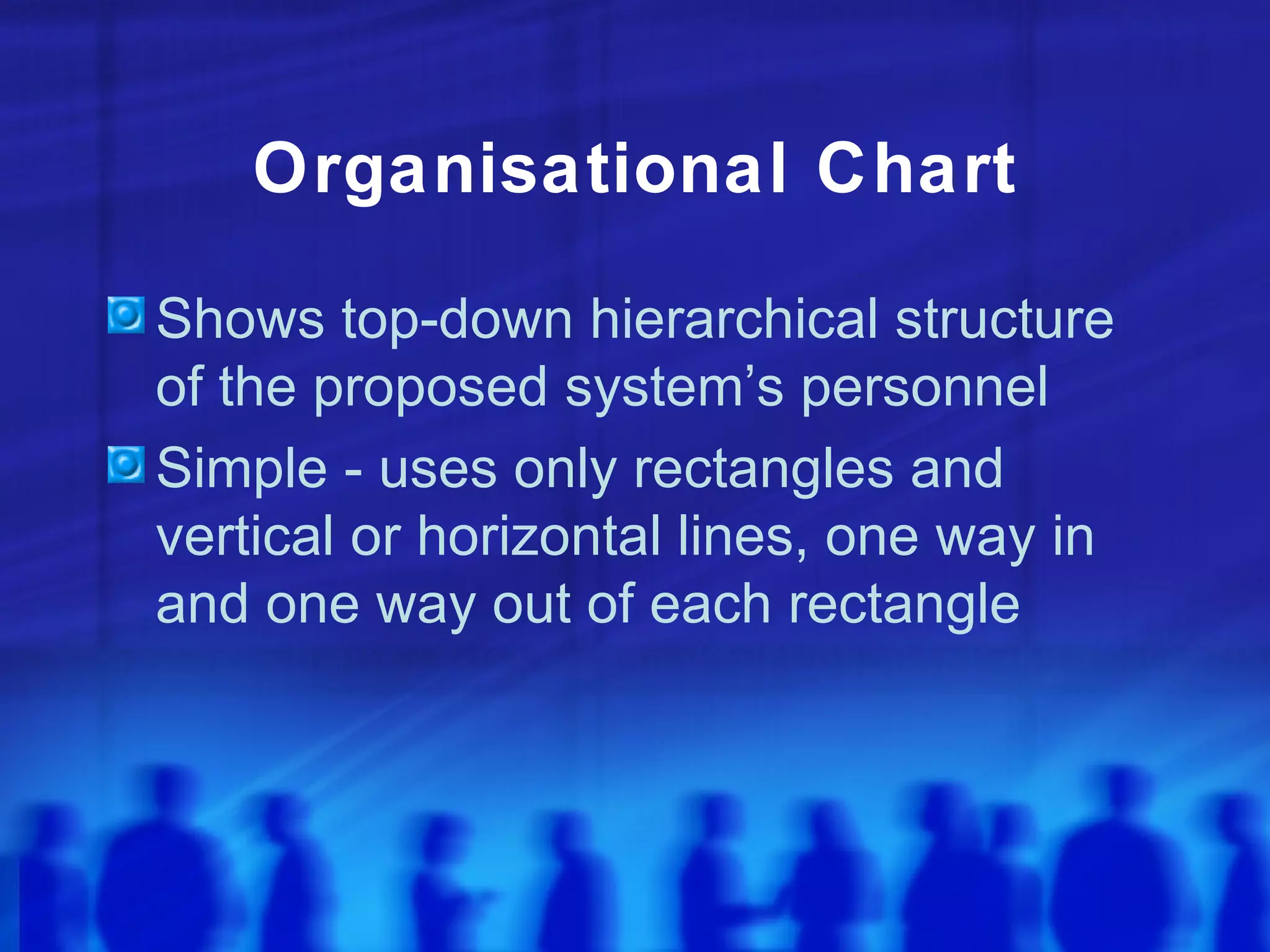 Organisational Chart

Shows top-down hierarchical structure
of the proposed system’s personnel
Simple - uses only rectangles and
vertical or horizontal lines, one way in
and one way out of each rectangle
 