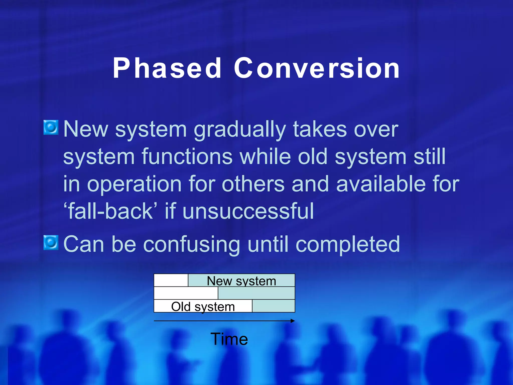 Phased Conversion

New system gradually takes over
system functions while old system still
in operation for others and available for
‘fall-back’ if unsuccessful
Can be confusing until completed
                New system

           Old system

                 Time
 