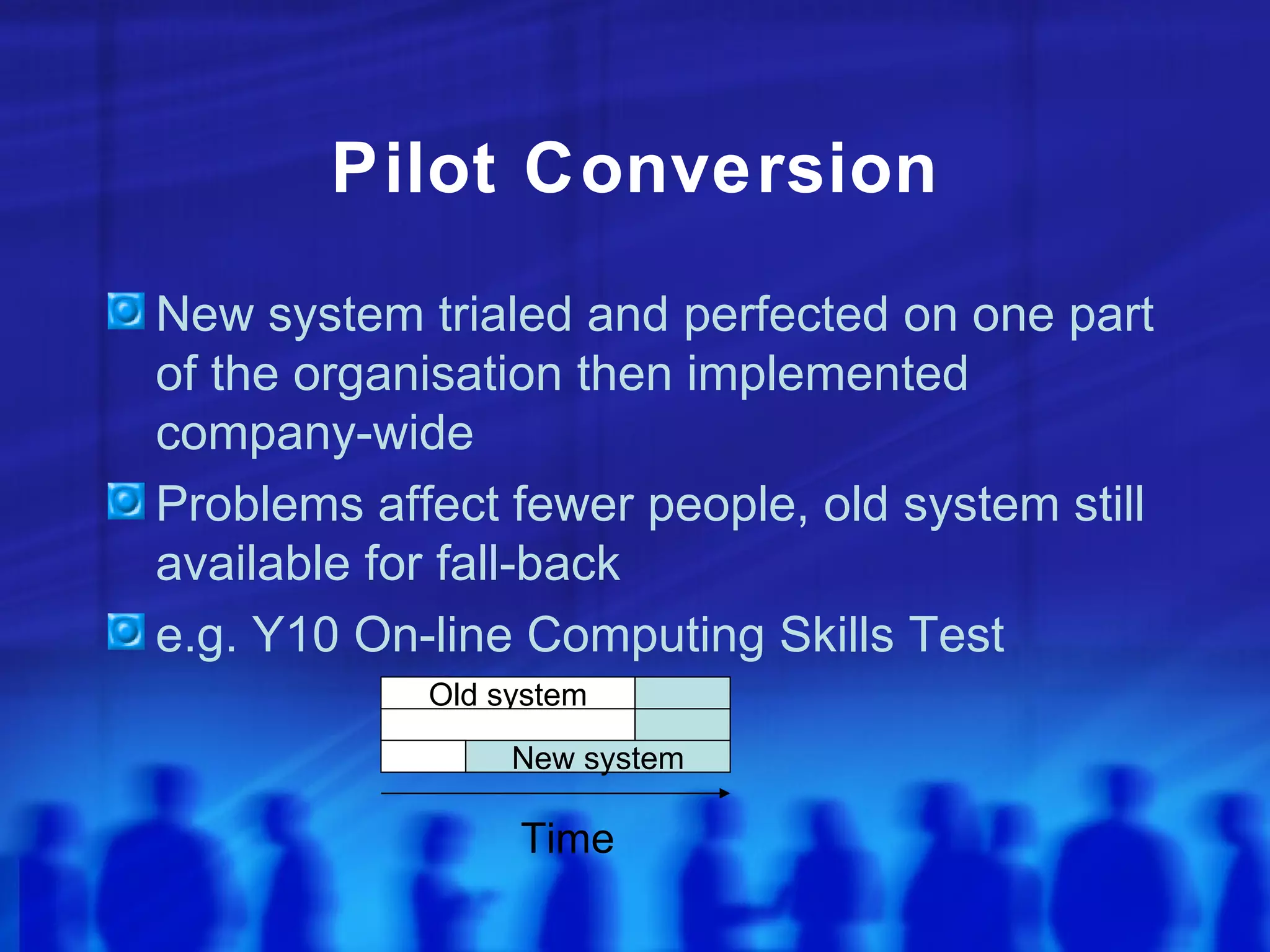 Pilot Conversion
New system trialed and perfected on one part
of the organisation then implemented
company-wide
Problems affect fewer people, old system still
available for fall-back
e.g. Y10 On-line Computing Skills Test
            Old system

                 New system

                 Time
 