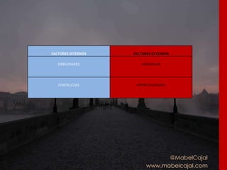 @MabelCajal
www.mabelcajal.com
FACTORES INTERNOS FACTORES EXTERNOS
DEBILIDADES AMENAZAS
FORTALEZAS OPORTUNIDADES
 