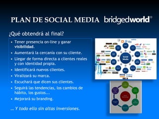 PLAN DE SOCIAL MEDIA
¿Qué obtendrá al final?
• Tener presencia on-line y ganar
  visibilidad.
• Aumentará la cercanía con su cliente.
• Llegar de forma directa a clientes reales
  y con identidad propia.
• Identificará nuevos clientes.
• Viralizará su marca.
• Escuchará que dicen sus clientes.
• Seguirá las tendencias, los cambios de
  hábito, los gustos...
• Mejorará su branding.

… Y todo ello sin altas inversiones.
 