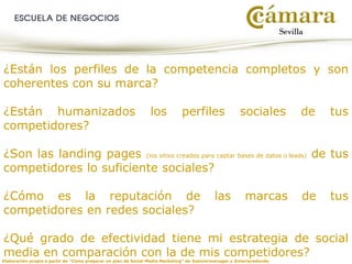 Elaboración propia a partir de “Cómo preparar un plan de Social Media Marketing” de @seniormanager y @mariaredondo
¿Están los perfiles de la competencia completos y son
coherentes con su marca?
¿Están humanizados los perfiles sociales de tus
competidores?
¿Son las landing pages (los sitios creados para captar bases de datos o leads) de tus
competidores lo suficiente sociales?
¿Cómo es la reputación de las marcas de tus
competidores en redes sociales?
¿Qué grado de efectividad tiene mi estrategia de social
media en comparación con la de mis competidores?
 