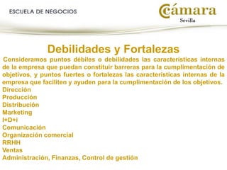Debilidades y Fortalezas
Consideramos puntos débiles o debilidades las características internas
de la empresa que puedan constituir barreras para la cumplimentación de
objetivos, y puntos fuertes o fortalezas las características internas de la
empresa que faciliten y ayuden para la cumplimentación de los objetivos.
Dirección
Producción
Distribución
Marketing
I+D+i
Comunicación
Organización comercial
RRHH
Ventas
Administración, Finanzas, Control de gestión
 