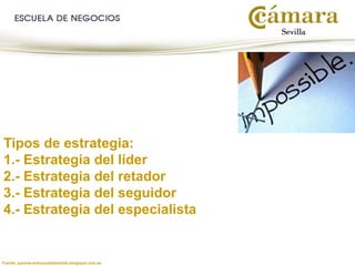 Fuente: juanma-enbuscadelsentido.blogspot.com.es
Tipos de estrategia:
1.- Estrategia del líder
2.- Estrategia del retador
3.- Estrategia del seguidor
4.- Estrategia del especialista
 