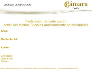 Fuente: Elaboración propia a partir de “El Plan de Social Media Marketing” de Manuel Alonso Coto y Sofía Martín Borowiecka, PEARSON
Explicación de cada acción
sobre los Medios Sociales anteriormente seleccionados
Área:
Medio Social:
Acción:
Concepto:
Operativa:
Coste:
 