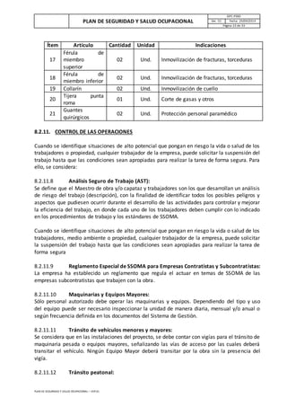 PLAN DE SEGURIDAD Y SALUD OCUPACIONAL
GPC-PSSO
Ver. 01 Fecha: 29/09/2014
Página 23 de 33
PLAN DE SEGURIDAD Y SALUD OCUPACIONAL – VER 01
Ítem Artículo Cantidad Unidad Indicaciones
17
Férula de
miembro
superior
02 Und. Inmovilización de fracturas, torceduras
18
Férula de
miembro inferior
02 Und. Inmovilización de fracturas, torceduras
19 Collarín 02 Und. Inmovilización de cuello
20
Tijera punta
roma
01 Und. Corte de gasas y otros
21
Guantes
quirúrgicos
02 Und. Protección personal paramédico
8.2.11. CONTROL DE LAS OPERACIONES
Cuando se identifique situaciones de alto potencial que pongan en riesgo la vida o salud de los
trabajadores o propiedad, cualquier trabajador de la empresa, puede solicitar la suspensión del
trabajo hasta que las condiciones sean apropiadas para realizar la tarea de forma segura. Para
ello, se considera:
8.2.11.8 Análisis Seguro de Trabajo (AST):
Se define que el Maestro de obra y/o capataz y trabajadores son los que desarrollan un análisis
de riesgo del trabajo (descripción), con la finalidad de identificar todos los posibles peligros y
aspectos que pudiesen ocurrir durante el desarrollo de las actividades para controlar y mejorar
la eficiencia del trabajo, en donde cada uno de los trabajadores deben cumplir con lo indicado
en los procedimientos de trabajo y los estándares de SSOMA.
Cuando se identifique situaciones de alto potencial que pongan en riesgo la vida o salud de los
trabajadores, medio ambiente o propiedad, cualquier trabajador de la empresa, puede solicitar
la suspensión del trabajo hasta que las condiciones sean apropiadas para realizar la tarea de
forma segura
8.2.11.9 Reglamento Especial de SSOMA para Empresas Contratistas y Subcontratistas:
La empresa ha establecido un reglamento que regula el actuar en temas de SSOMA de las
empresas subcontratistas que trabajen con la obra.
8.2.11.10 Maquinarias y Equipos Mayores:
Sólo personal autorizado debe operar las maquinarias y equipos. Dependiendo del tipo y uso
del equipo puede ser necesario inspeccionar la unidad de manera diaria, mensual y/o anual o
según frecuencia definida en los documentos del Sistema de Gestión.
8.2.11.11 Tránsito de vehículos menores y mayores:
Se considera que en las instalaciones del proyecto, se debe contar con vigías para el tránsito de
maquinaria pesada o equipos mayores, señalizando las vías de acceso por las cuales deberá
transitar el vehículo. Ningún Equipo Mayor deberá transitar por la obra sin la presencia del
vigía.
8.2.11.12 Tránsito peatonal:
 