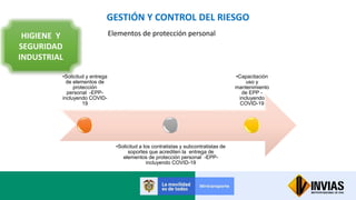GESTIÓN Y CONTROL DEL RIESGO
HIGIENE Y
SEGURIDAD
INDUSTRIAL
Elementos de protección personal
•Solicitud y entrega
de elementos de
protección
personal -EPP-
incluyendo COVID-
19
•Solicitud a los contratistas y subcontratistas de
soportes que acrediten la entrega de
elementos de protección personal -EPP-
incluyendo COVID-19
•Capacitación
uso y
mantenimiento
de EPP -
incluyendo
COVID-19
 