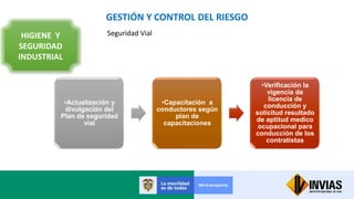 GESTIÓN Y CONTROL DEL RIESGO
HIGIENE Y
SEGURIDAD
INDUSTRIAL
Seguridad Vial
•Actualización y
divulgación del
Plan de seguridad
vial
•Capacitación a
conductores según
plan de
capacitaciones
•Verificación la
vigencia de
licencia de
conducción y
solicitud resultado
de aptitud medico
ocupacional para
conducción de los
contratistas
 