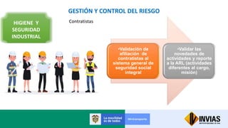 GESTIÓN Y CONTROL DEL RIESGO
HIGIENE Y
SEGURIDAD
INDUSTRIAL
Contratistas
•Validación de
afiliación de
contratistas al
sistema general de
seguridad social
integral
•Validar las
novedades de
actividades y reporte
a la ARL (actividades
diferentes al cargo,
misión)
 