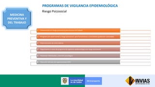 MEDICINA
PREVENTIVA Y
DEL TRABAJO
PROGRAMAS DE VIGILANCIA EPIDEMIOLÓGICA
Riesgo Psicosocial
•Intervención en riesgo psicosocial para equipos de trabajo
•Programa de salud mental y riesgo psicosocial para funcionarios y contratistas (población vulnerable)
•Intervenciones de clima laboral
•Seguimiento a casos de programa de vigilancia epidemiológica de riesgo psicosocial
•Asesorías individuales y atención psicológica
•Ejecución del plan de capacitaciones 2021
 
