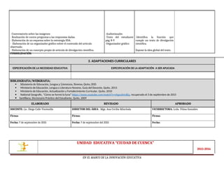- Conversatorio sobre las imágenes
- Realización de contra preguntas a las respuestas dadas.
- Elaboración de un esquema sobre la estrategia SDA.
- Elaboración de un organizador gráfico sobre el contenido del artículo
observado.
- Elaboración de un concepto propio de artículo de divulgación científica.
CONSOLIDACIÓN:
-Audiovisuales
-Texto del estudiante
pág. 8-9
-Organizador gráfico
-Identifica la función que
cumple un texto de divulgación
científica.
Expone la idea global del texto.
3. ADAPTACIONES CURRICULARES
ESPECIFICACIÓN DE LA NECESIDAD EDUCATIVA ESPECIFICACIÓN DE LA ADAPTACIÓN A SER APLICADA
BIBLIOGRAFIA/WEBGRAFIA:
 Ministerio de Educación, Lengua y Literatura, Noveno, Quito, 2015
 Ministerio de Educación, Lengua y Literatura Noveno, Guía del Docente, Quito, 2013
 Ministerio de Educación, Actualización y Fortalecimiento Curricular, Quito, 2010
 National Geografic, “Cómo se formó la luna” https://www.youtube.com/watch?v=shgyuhmJIEg, recuperado el 3 de septiembre de 2015
 Santillana, Diccionario Práctico del Estudiante, Quito, 2009
ELABORADO REVISADO APROBADO
DOCENTE: Lic. Diego Calle Vintimilla DIRECTOR DEL ÁREA : Mgs. Ana Cecilia Minchala VICERRECTORA: Lcda. Vilma Gonzáles
Firma: Firma: Firma:
Fecha: 7 de septiembre de 2015 Fecha: 7 de septiembre del 2015 Fecha:
UNIDAD EDUCATIVA “CIUDAD DE CUENCA”
2015-2016
EN EL MARCO DE LA INNOVACIÓN EDUCATIVA
 