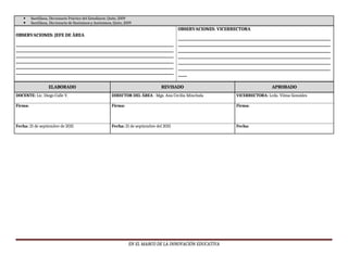  Santillana, Diccionario Práctico del Estudiante, Quito, 2009
 Santillana, Diccionario de Sinónimos y Antónimos, Quito, 2009
OBSERVACIONES: JEFE DE ÁREA
________________________________________________________________________________________
________________________________________________________________________________________
________________________________________________________________________________________
________________________________________________________________________________________
________________________________________________________________________________________
________________________________________________________________________________________
OBSERVACIONES: VICERRECTORA
_____________________________________________________________________________________
_____________________________________________________________________________________
_____________________________________________________________________________________
_____________________________________________________________________________________
_____________________________________________________________________________________
_____________________________________________________________________________________
_____
ELABORADO REVISADO APROBADO
DOCENTE: Lic. Diego Calle V. DIRECTOR DEL ÁREA : Mgs. Ana Cecilia Minchala VICERRECTORA: Lcda. Vilma Gonzáles
Firma: Firma: Firma:
Fecha: 21 de septiembre de 2015 Fecha: 21 de septiembre del 2015 Fecha:
EN EL MARCO DE LA INNOVACIÓN EDUCATIVA
 