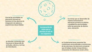 se abordan contenidos que
favorecen el desarrollo de
actitudes, valores y normas
de interrelación.
Una de las prioridades en
educación primaria es
favorecer en los alumnos la
integración de saberes y
experiencias desarrolladas
Incorporación de
temas que se
abordan en más de
una asignatura.
es fundamental tener presentes las
condiciones socioculturales y económicas
de las alumnas y los alumnos y propiciar
que el trabajo escolar incluya temas y
situaciones de relevancia social y ética.
los temas que se desarrollan de
manera transversal en
educación primaria se refieren
a igualdad de oportunidades
entre las personas de distinto
sexo, educación.
 