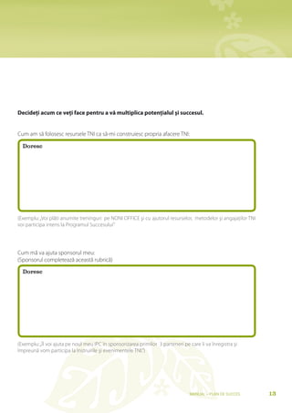 Decideţi acum ce veţi face pentru a vă multiplica potenţialul şi succesul.


Cum am să folosesc resursele TNI ca să-mi construiesc propria afacere TNI:

  Doresc




(Exemplu: „Voi plăti anumite treninguri pe NONI OFFICE şi cu ajutorul resurselor, metodelor şi angajaţilor TNI
voi participa intens la Programul Succesului”




Cum mă va ajuta sponsorul meu:
(Sponsorul completează această rubrică)

  Doresc




(Exemplu: „Îl voi ajuta pe noul meu IPC în sponsorizarea primilor 3 parteneri pe care îi va înregistra şi
împreună vom participa la Instruirile şi evenimentele TNI.”)




                                                                                  Manual – Plan de SucceS        13
 