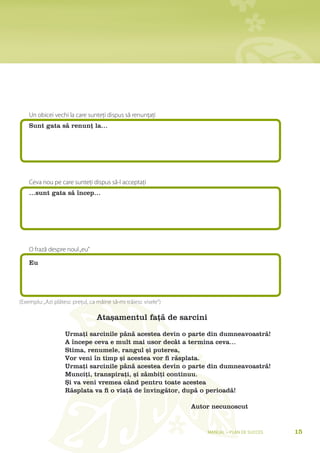 Un obicei vechi la care sunteţi dispus să renunţaţi
    sunt gata să renunț la…




    Ceva nou pe care sunteţi dispus să-l acceptaţi
    …sunt gata să încep…




    O frază despre noul „eu”

    eu




(Exemplu: „Azi plătesc preţul, ca măine să-mi trăiesc visele”)
    	 	         	        	       	
    	 	         	        	       atașamentul față de sarcini
                    Urmați sarcinile până acestea devin o parte din dumneavoastră!
                    a începe ceva e mult mai usor decât a termina ceva…
                    stima, renumele, rangul și puterea,
                    Vor veni în timp și acestea vor fi răsplata.
                    Urmați sarcinile până acestea devin o parte din dumneavoastră!
                    Munciți, transpirați, și zâmbiți continuu.
                    Și va veni vremea când pentru toate acestea
                    răsplata va fi o viață de învingător, după o perioadă!

                                                                 autor necunoscut


                                                                     Manual – Plan de SucceS   15
 