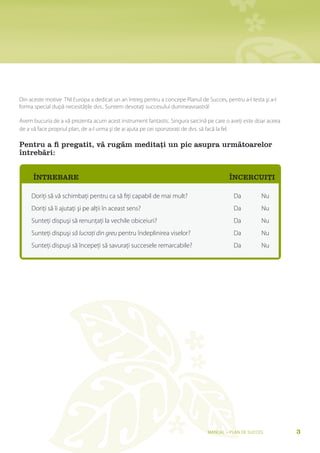 Din aceste motive TNI Europa a dedicat un an întreg pentru a concepe Planul de Succes, pentru a-l testa şi a-l
forma special după necesităţile dvs.. Suntem devotaţi succesului dumneavoastră!

Avem bucuria de a vă prezenta acum acest instrument fantastic. Singura sarcină pe care o aveţi este doar aceea
de a vă face propriul plan, de a-l urma şi de ai ajuta pe cei sponzoraţi de dvs. să facă la fel.

Pentru a fi pregatit, vă rugăm meditați un pic asupra următoarelor
întrebări:


     ÎNTrebare                                                                           ÎNCerCUIȚi

     Doriţi să vă schimbaţi pentru ca să fiţi capabil de mai mult?                         Da          Nu
     Doriţi să îi ajutaţi şi pe alţii în aceast sens?                                      Da          Nu
     Sunteţi dispuşi să renunţaţi la vechile obiceiuri?                                    Da          Nu
     Sunteţi dispuşi să lucraţi din greu pentru îndeplinirea viselor?                      Da          Nu
     Sunteţi dispuşi să începeţi să savuraţi succesele remarcabile?                        Da          Nu




                                                                                Manual – Plan de SucceS          3
 