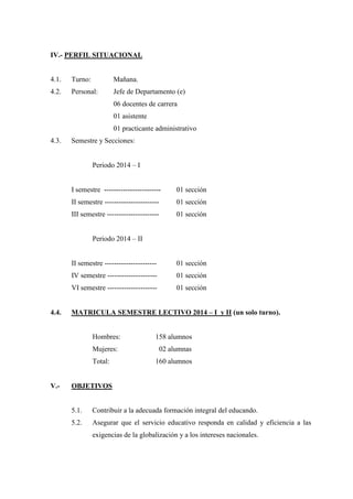 IV.- PERFIL SITUACIONAL
4.1. Turno: Mañana.
4.2. Personal: Jefe de Departamento (e)
06 docentes de carrera
01 asistente
01 practicante administrativo
4.3. Semestre y Secciones:
Periodo 2014 – I
I semestre ------------------------ 01 sección
II semestre ----------------------- 01 sección
III semestre ---------------------- 01 sección
Periodo 2014 – II
II semestre ---------------------- 01 sección
IV semestre --------------------- 01 sección
VI semestre --------------------- 01 sección
4.4. MATRICULA SEMESTRE LECTIVO 2014 – I y II (un solo turno).
Hombres: 158 alumnos
Mujeres: 02 alumnas
Total: 160 alumnos
V.- OBJETIVOS
5.1. Contribuir a la adecuada formación integral del educando.
5.2. Asegurar que el servicio educativo responda en calidad y eficiencia a las
exigencias de la globalización y a los intereses nacionales.
 