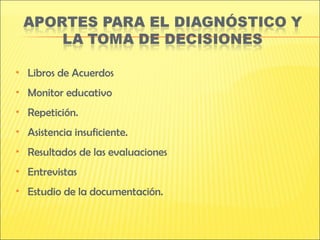    Libros de Acuerdos
   Monitor educativo
   Repetición.
   Asistencia insuficiente.
   Resultados de las evaluaciones
   Entrevistas
   Estudio de la documentación.
 