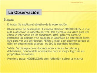 13 de mar de 2013




    La Observación
Etapas:
   Entrada. Se explica el objetivo de la observación.
   Observación de desempeño. Es bueno elaborar PROTOCOLOS, e ir al
    aula a observar un aspecto por vez. Por ejemplo una visita para ver
    cómo se interviene en los cuadernos. Otra, para ver cómo se
    gestionan los tiempos y se equilibra el abordaje de diferentes áreas,
    otra para ver uso de recursos.PERO: si elegí a un docente porque es
    débil en determinado aspecto, es ESO lo que debo focalizar.
   Salida. Se dialoga con el docente acerca de sus fortalezas y
    debilidades, brindándole orientación para el mejor logro de sus
    propósitos educativos.
   Próximo paso MODELIZAR con reflexión sobre la misma
 